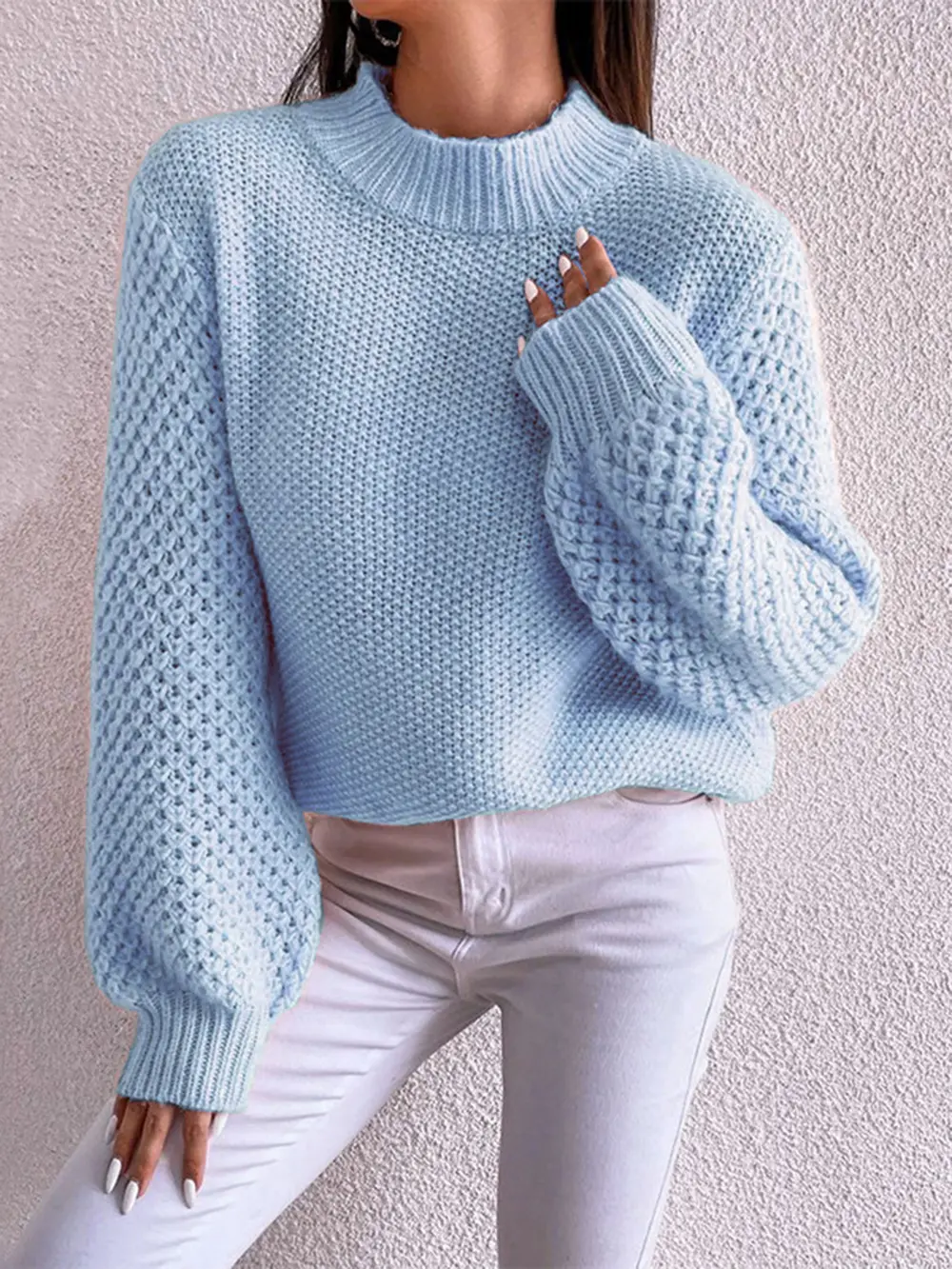 Openwork Mock Neck Long Sleeve Sweater, image 5