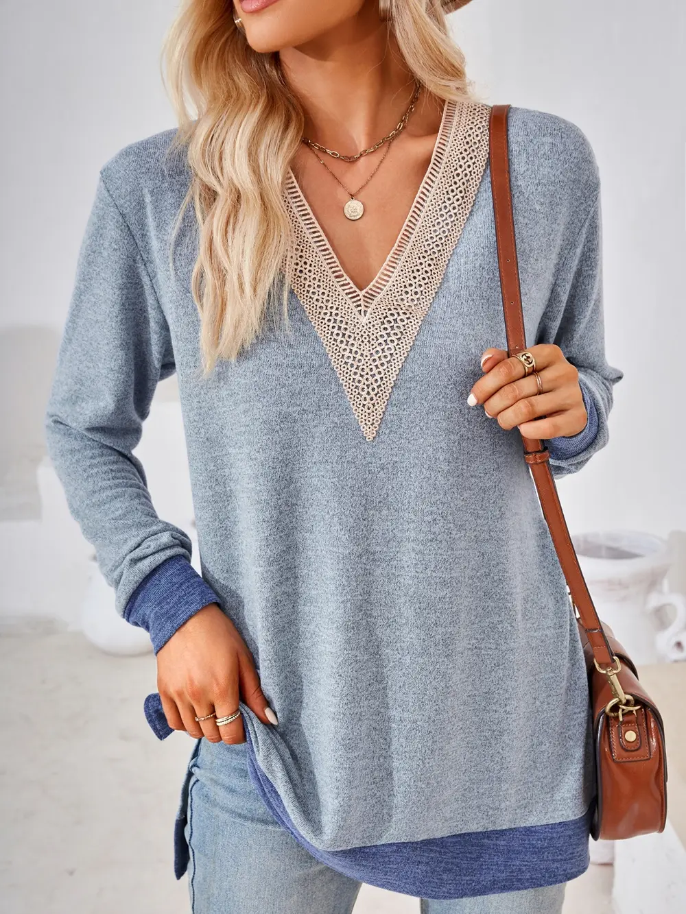 Crochet Contrast V-Neck Long Sleeve Slit T-Shirt, image 21