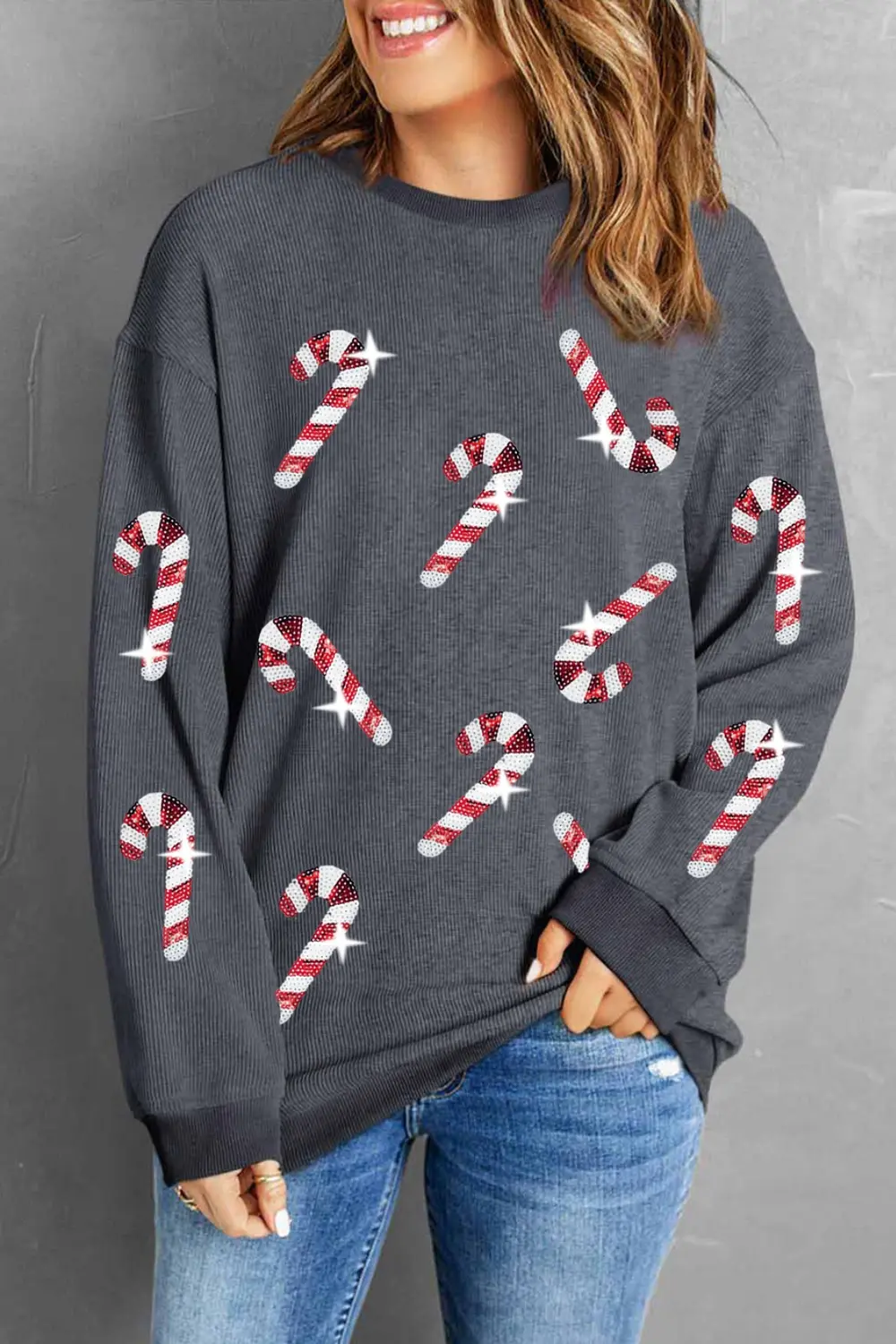 Sequin Candy Cane Round Neck Sweatshirt, image 4