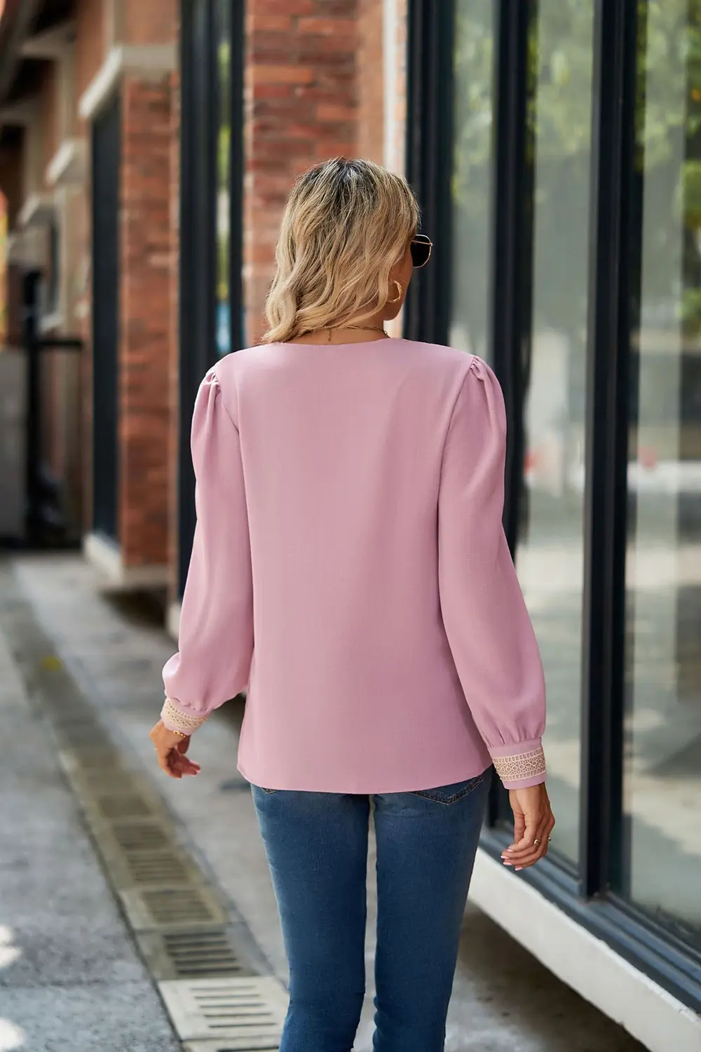 V-Neck Lace Detail Long Sleeve Top, image 9