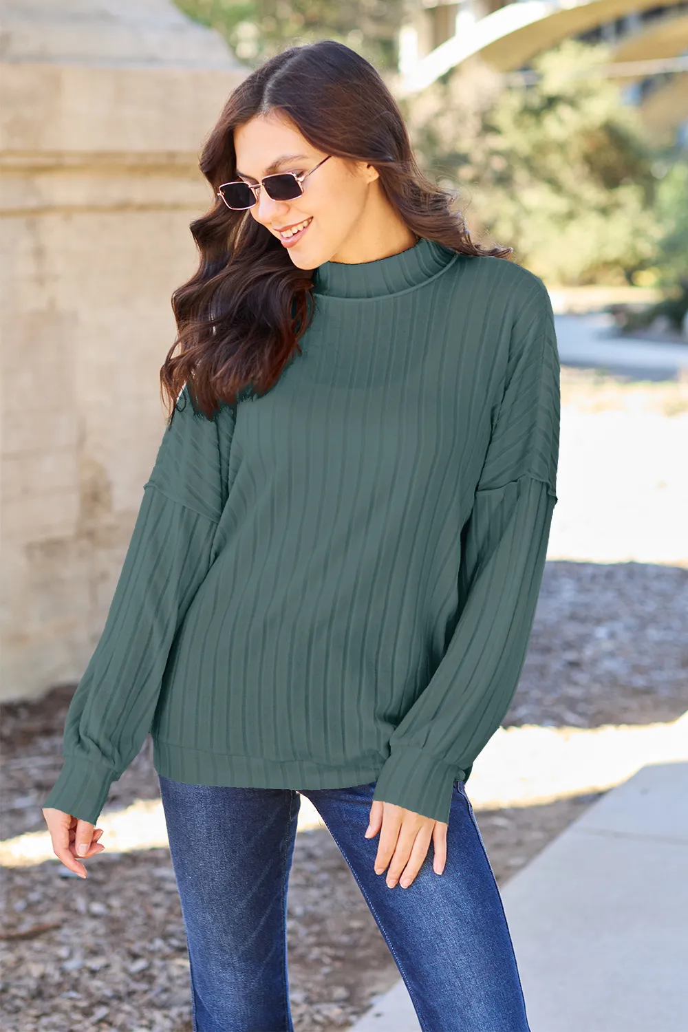 Full Size Ribbed Exposed Seam Mock Neck Knit Top, image 7