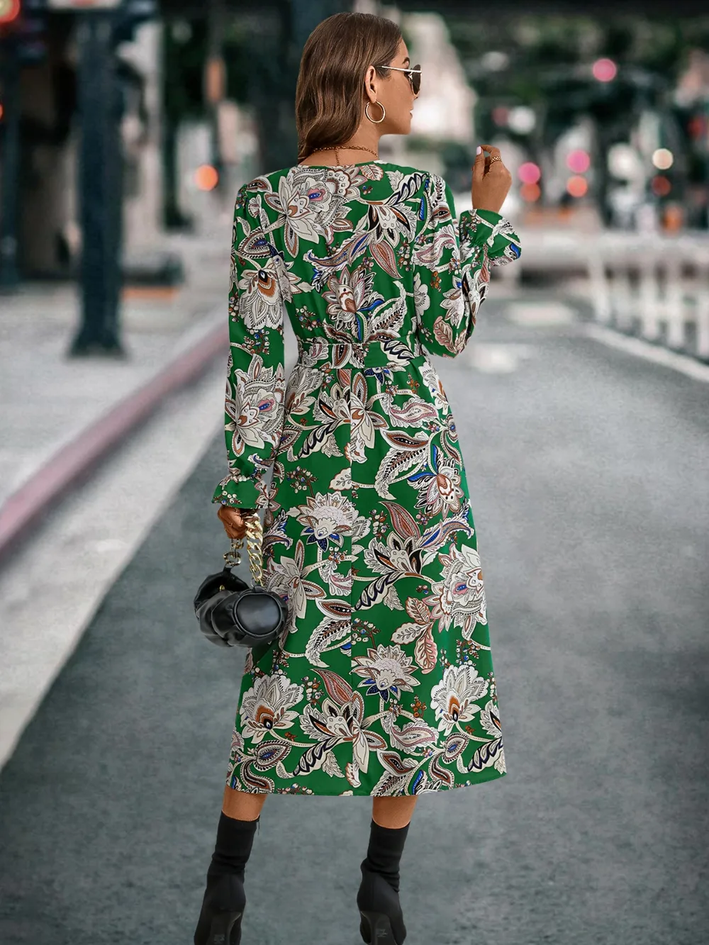 Printed Tie Front Surplice Flounce Sleeve Dress, image 6