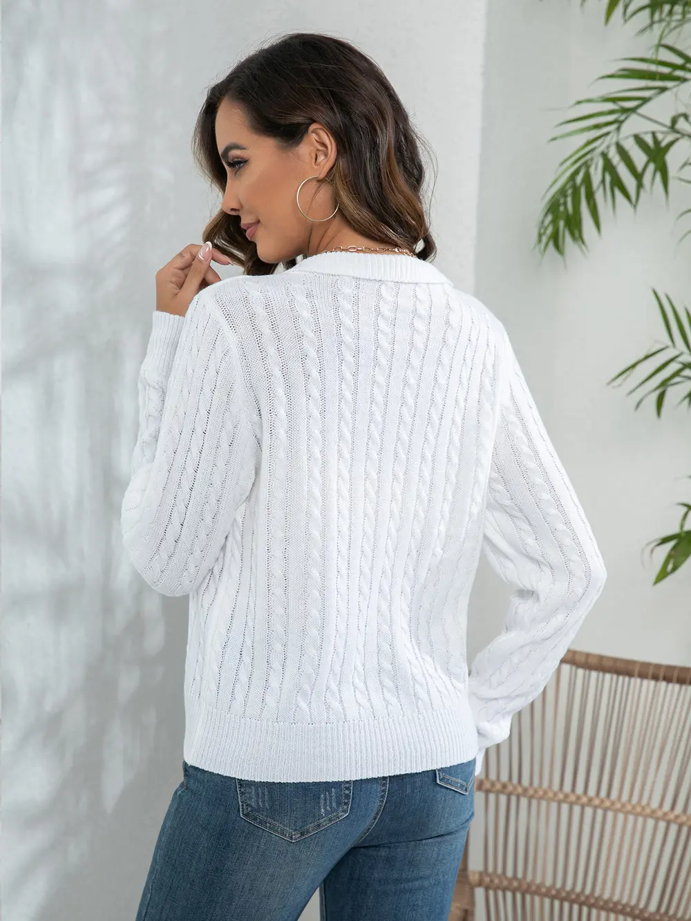 Johnny Collar Cable-Knit Long Sleeve Sweater, image 9