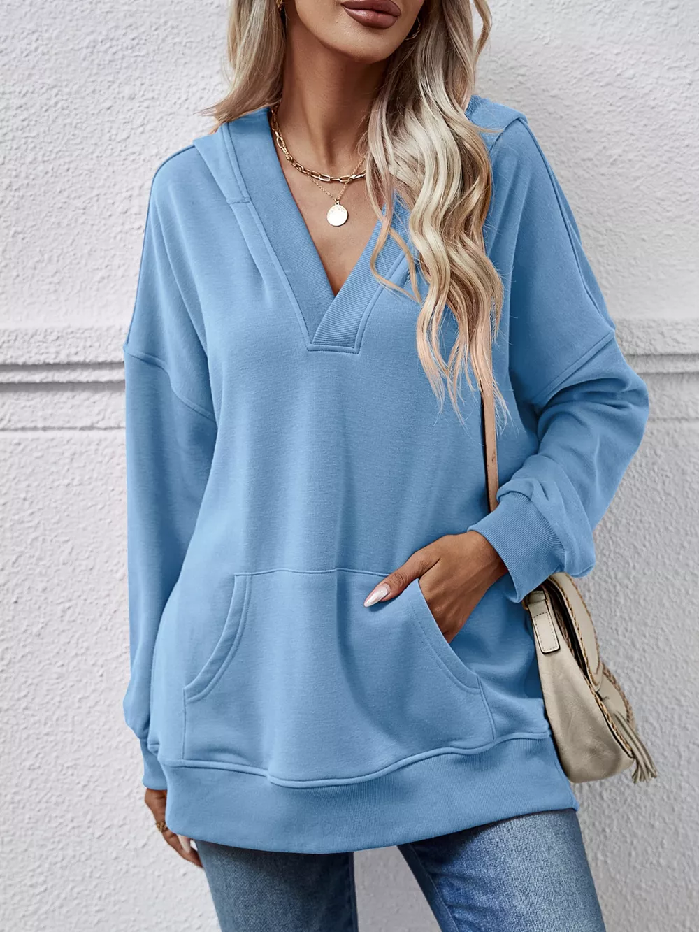 V-Neck Drop Shoulder Long Sleeve Hoodie, image 2
