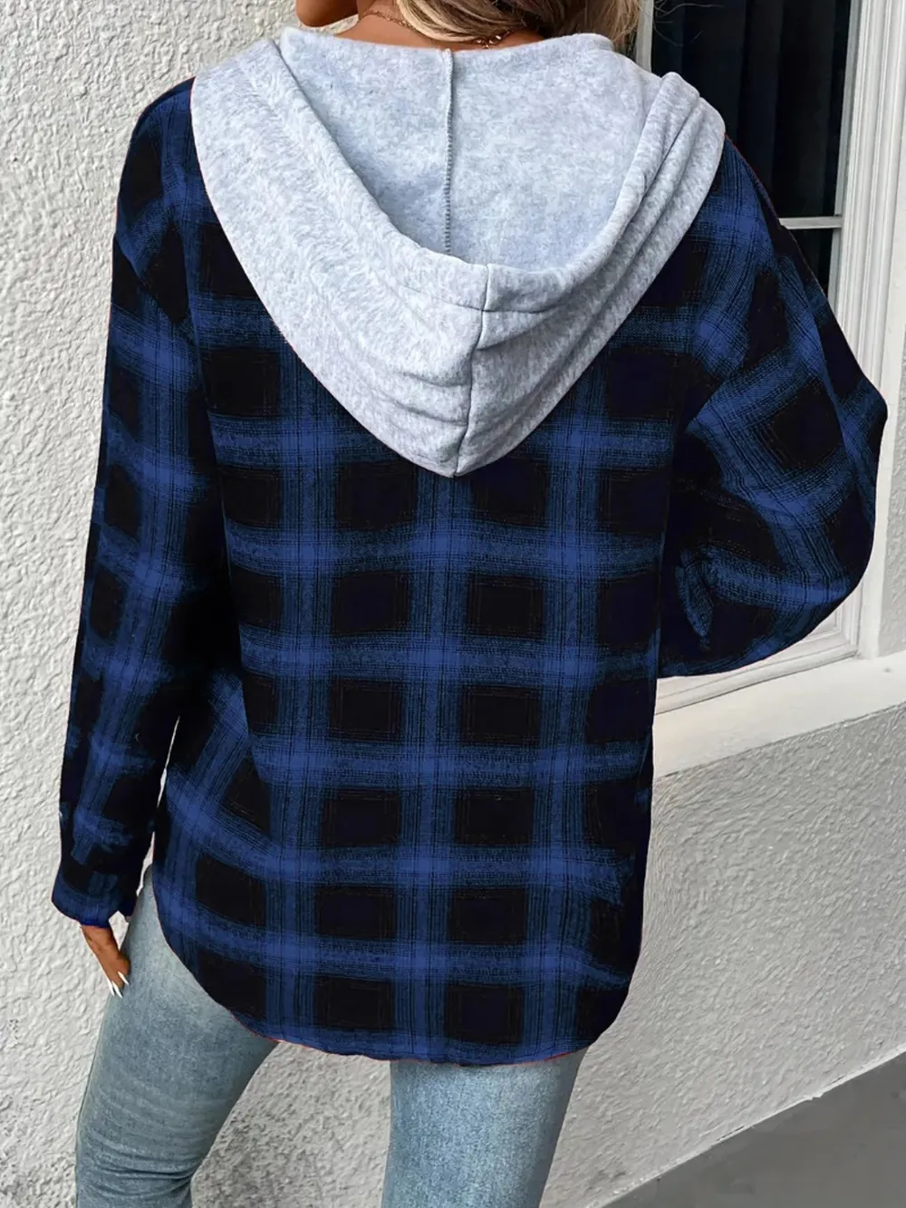 Plaid Drawstring Button Up Hooded Jacket, image 9