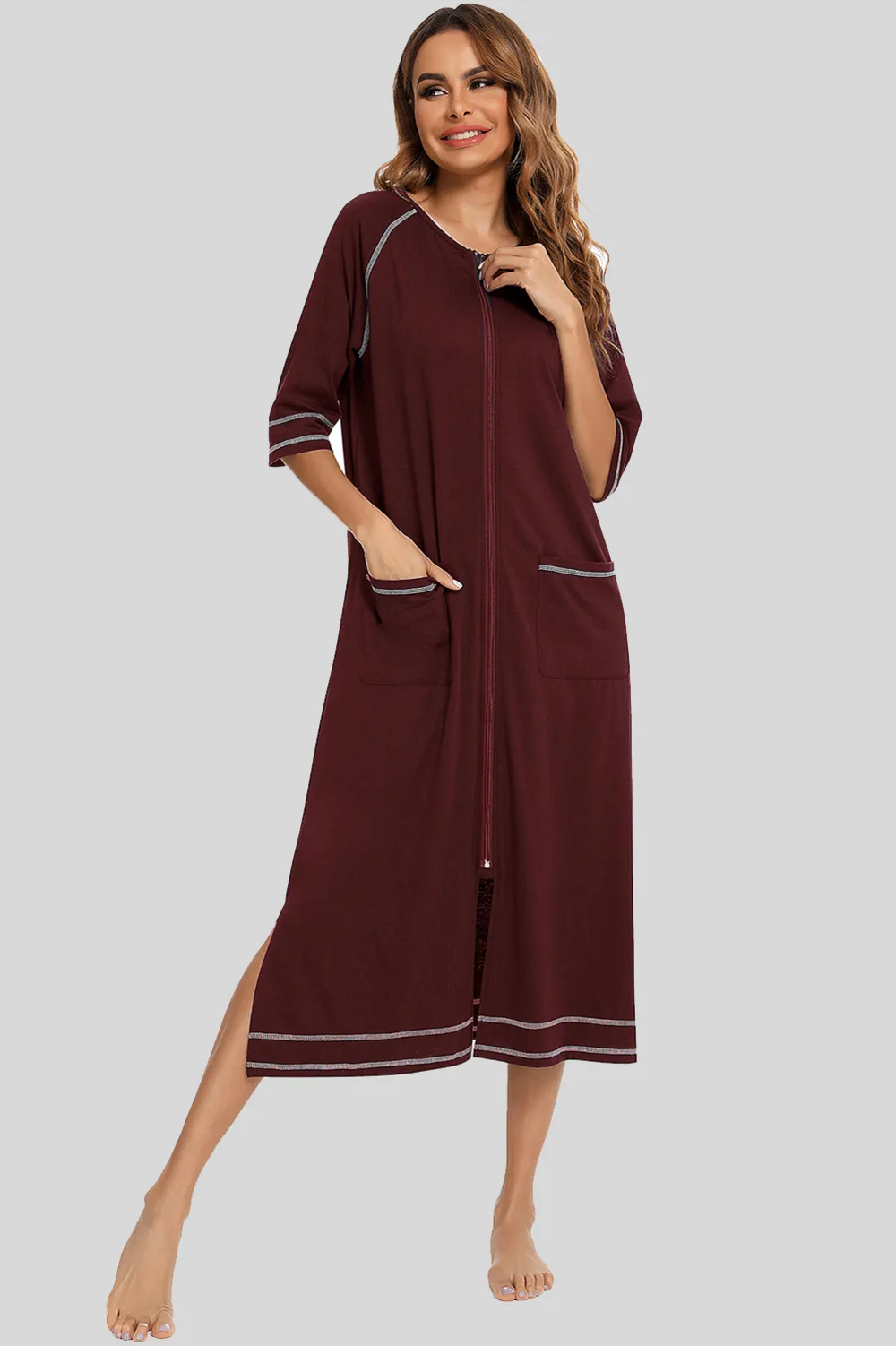 Zip Up Slit Round Neck Night Dress with Pockets, image 14