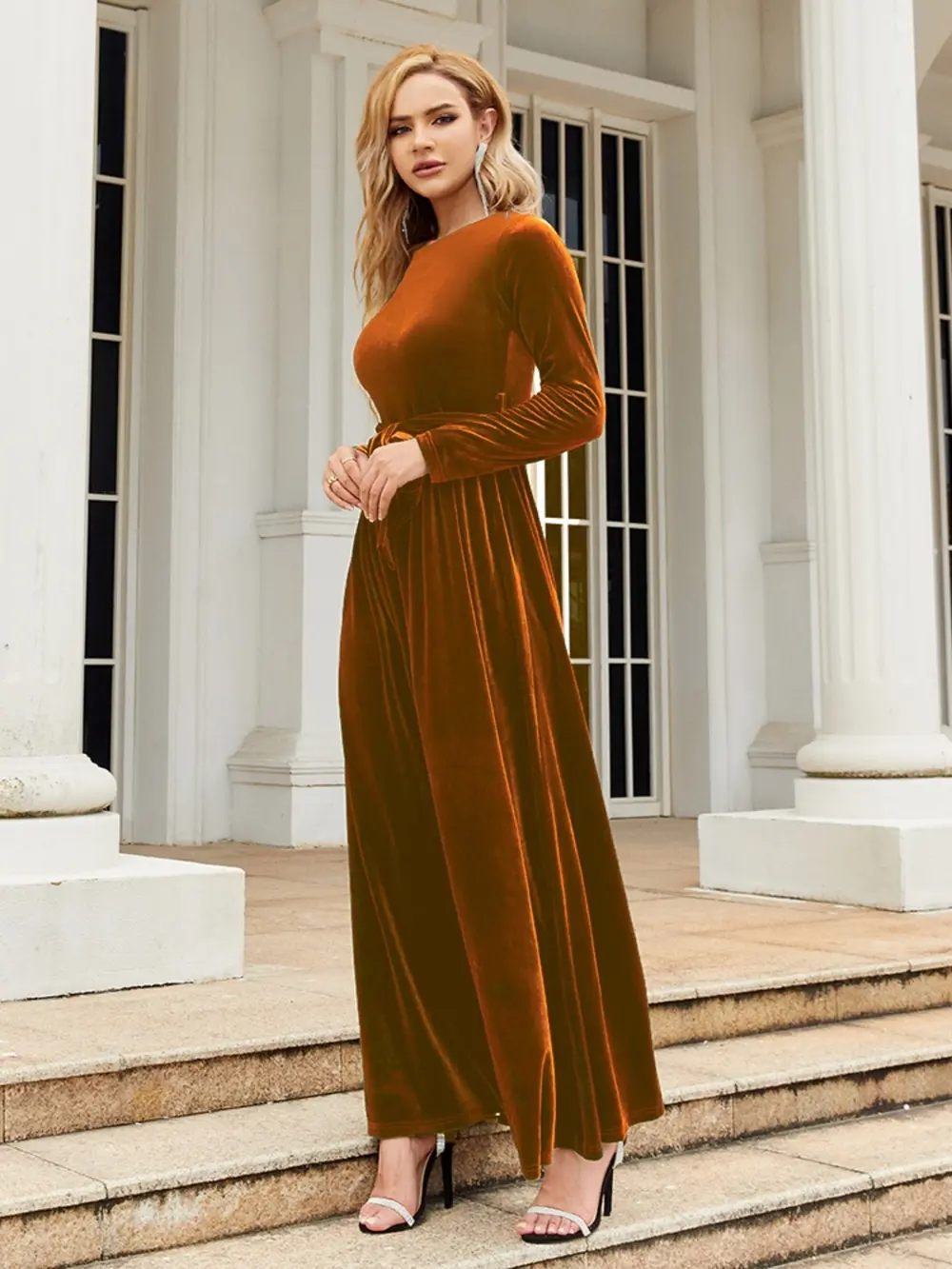 Tie Front Round Neck Long Sleeve Maxi Dress, image 11