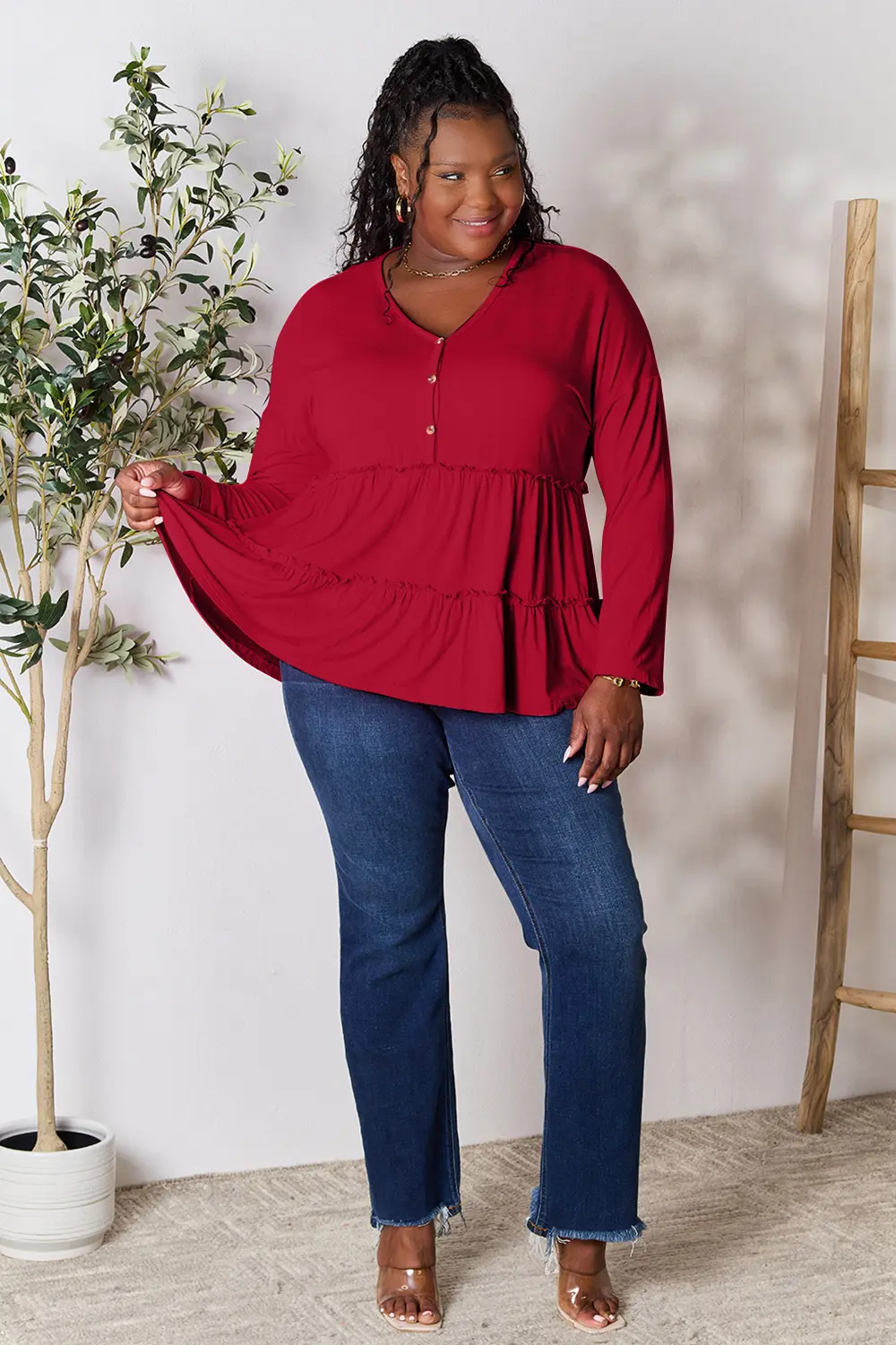 Half Button Long Sleeve Ruffle Hem Blouse, image 10
