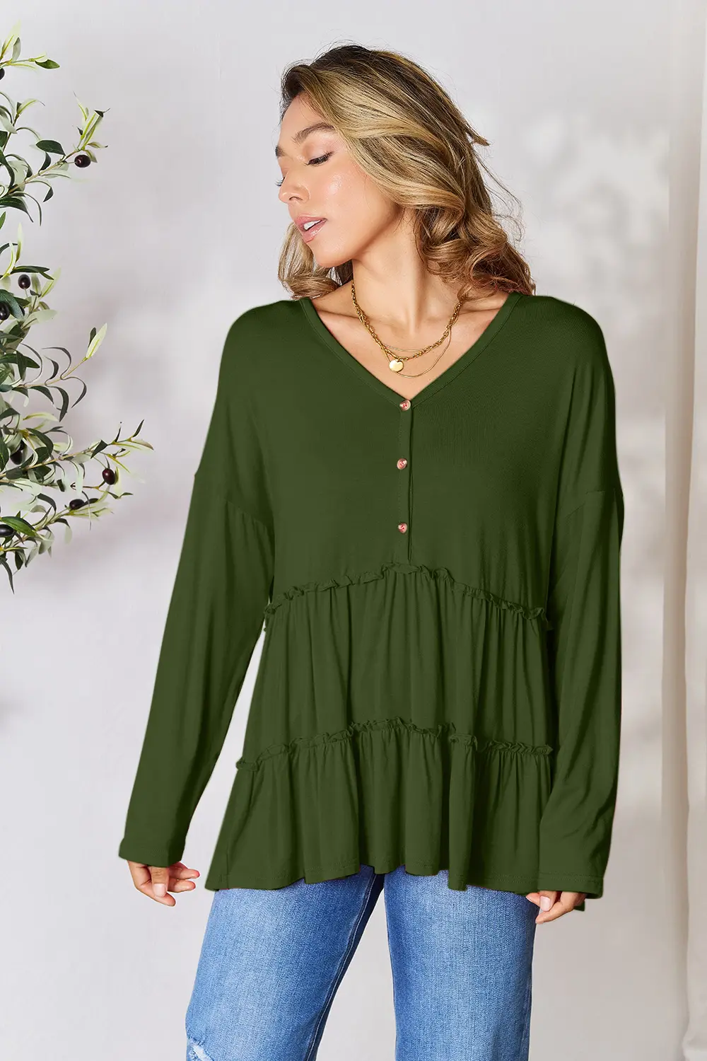 Half Button Long Sleeve Ruffle Hem Blouse, image 11