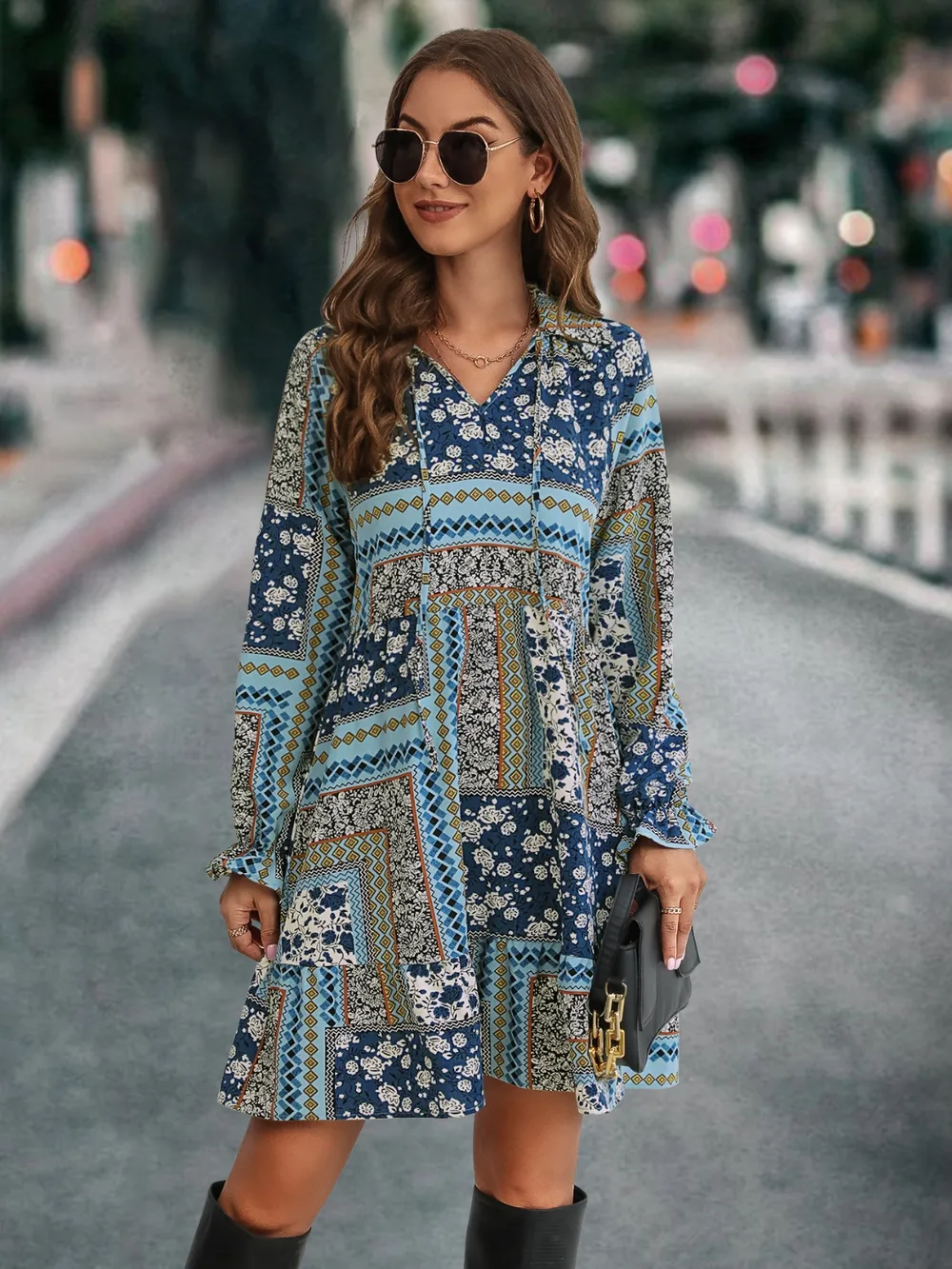 Printed Tie Front Flounce Sleeve Dress, image 5
