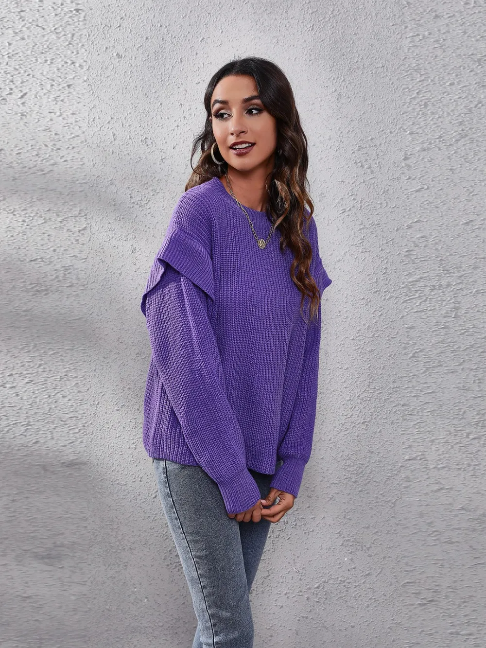 Ruffled Round Neck Dropped Shoulder Sweater, image 5