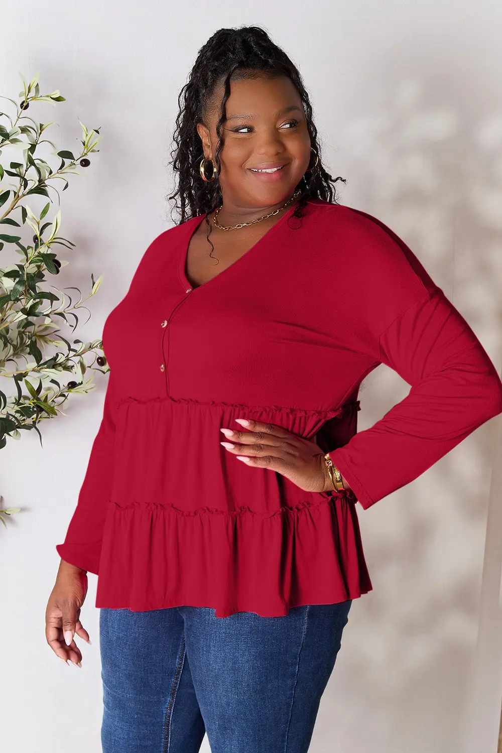 Half Button Long Sleeve Ruffle Hem Blouse, image 12
