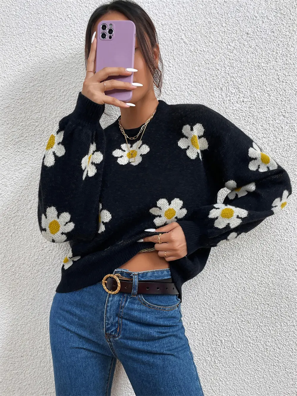 Flower Round Neck Latern Sleeve Sweater, image 7