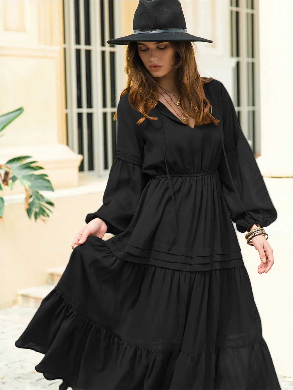Tie Neck Long Sleeve Midi Tiered Dress, image 10