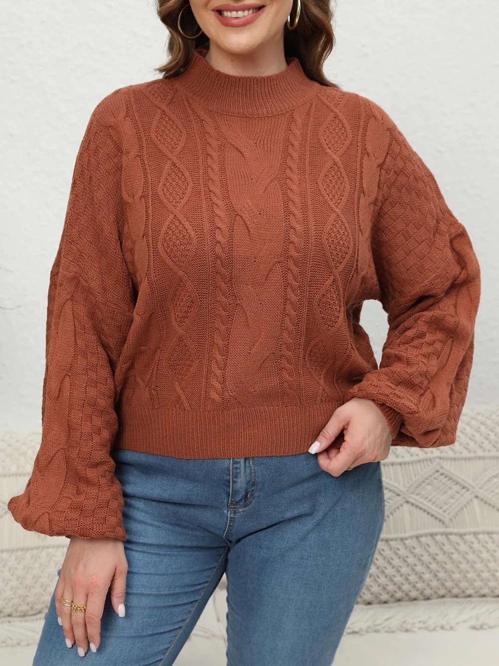 Plus Size Mock Neck Cable Knit Long Sleeve Sweater, image 4