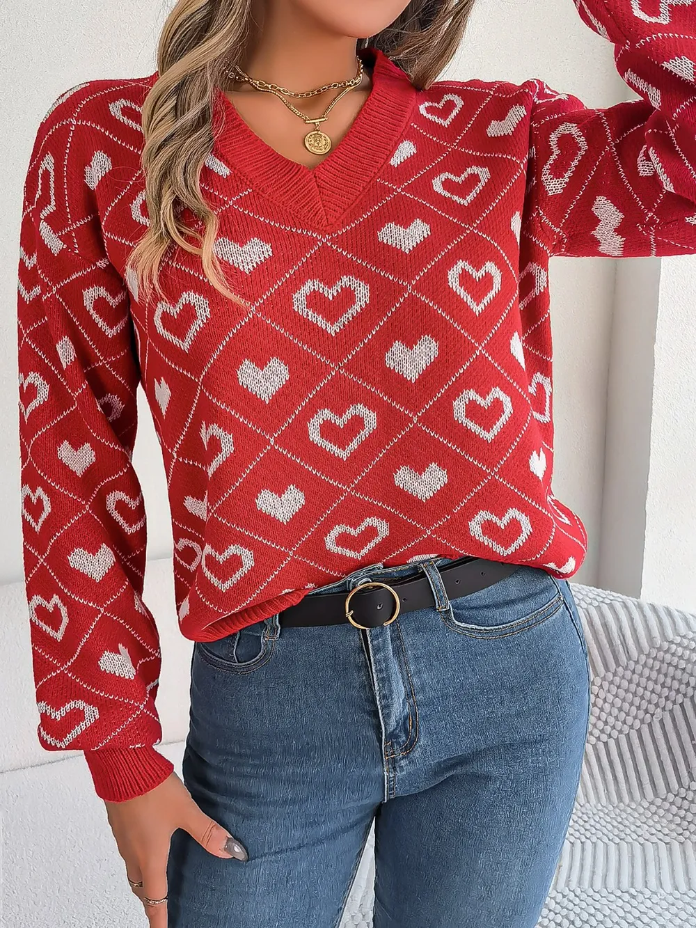 Heart Pattern V-Neck Long Sleeve Sweater, image 8