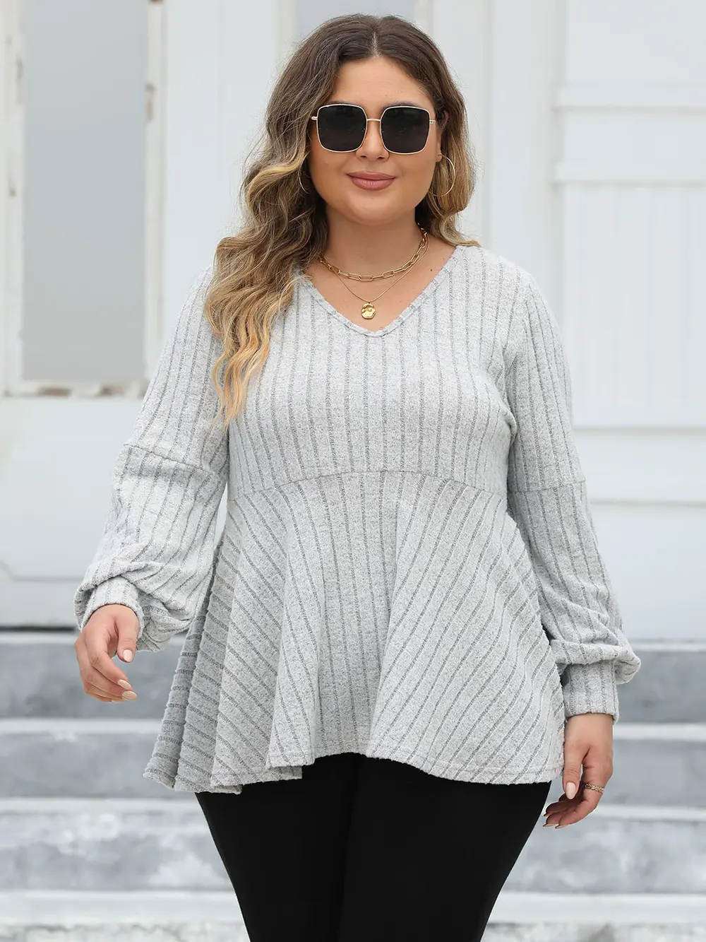 Plus Size Ribbed V-Neck Long Sleeve Blouse, image 6