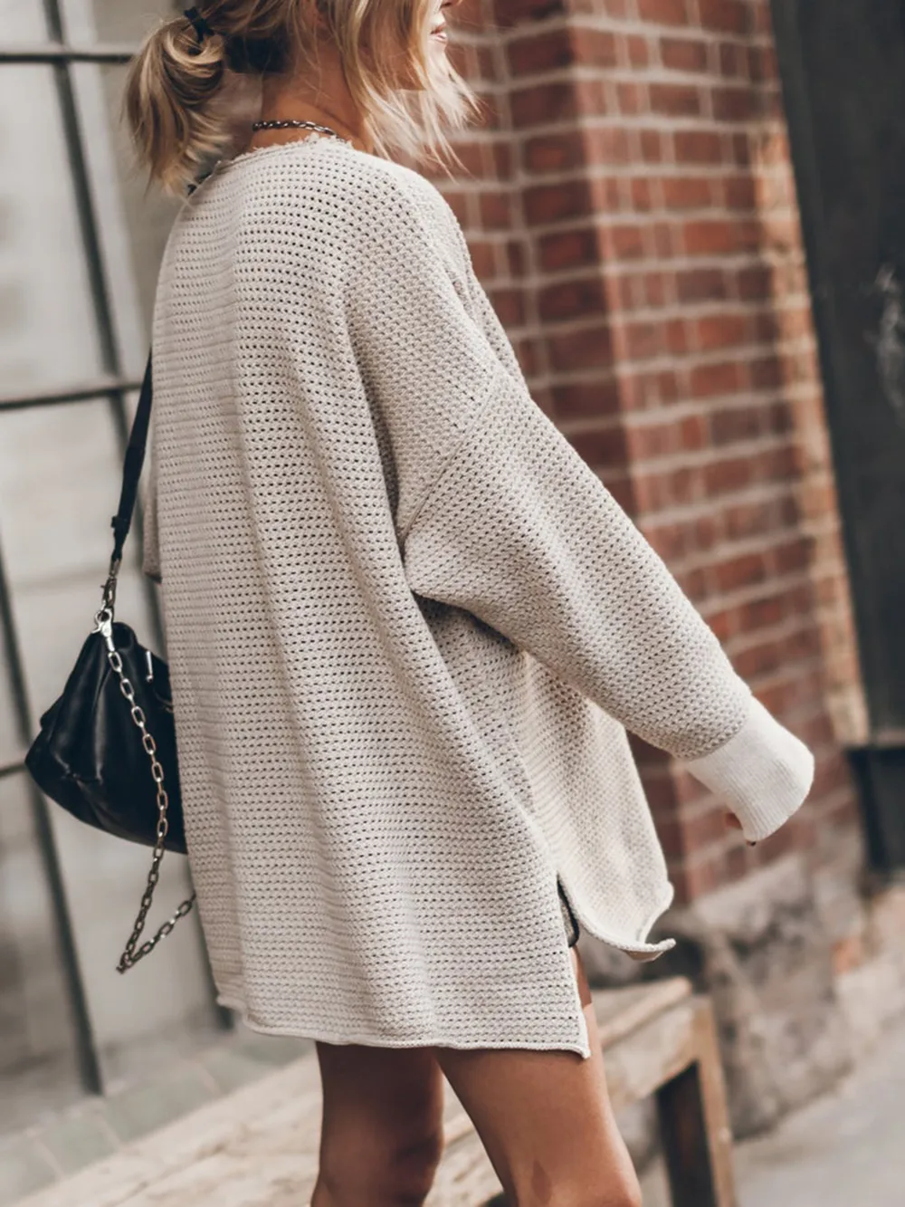 Openwork Round Neck Long Sleeve Slit Sweater, image 3