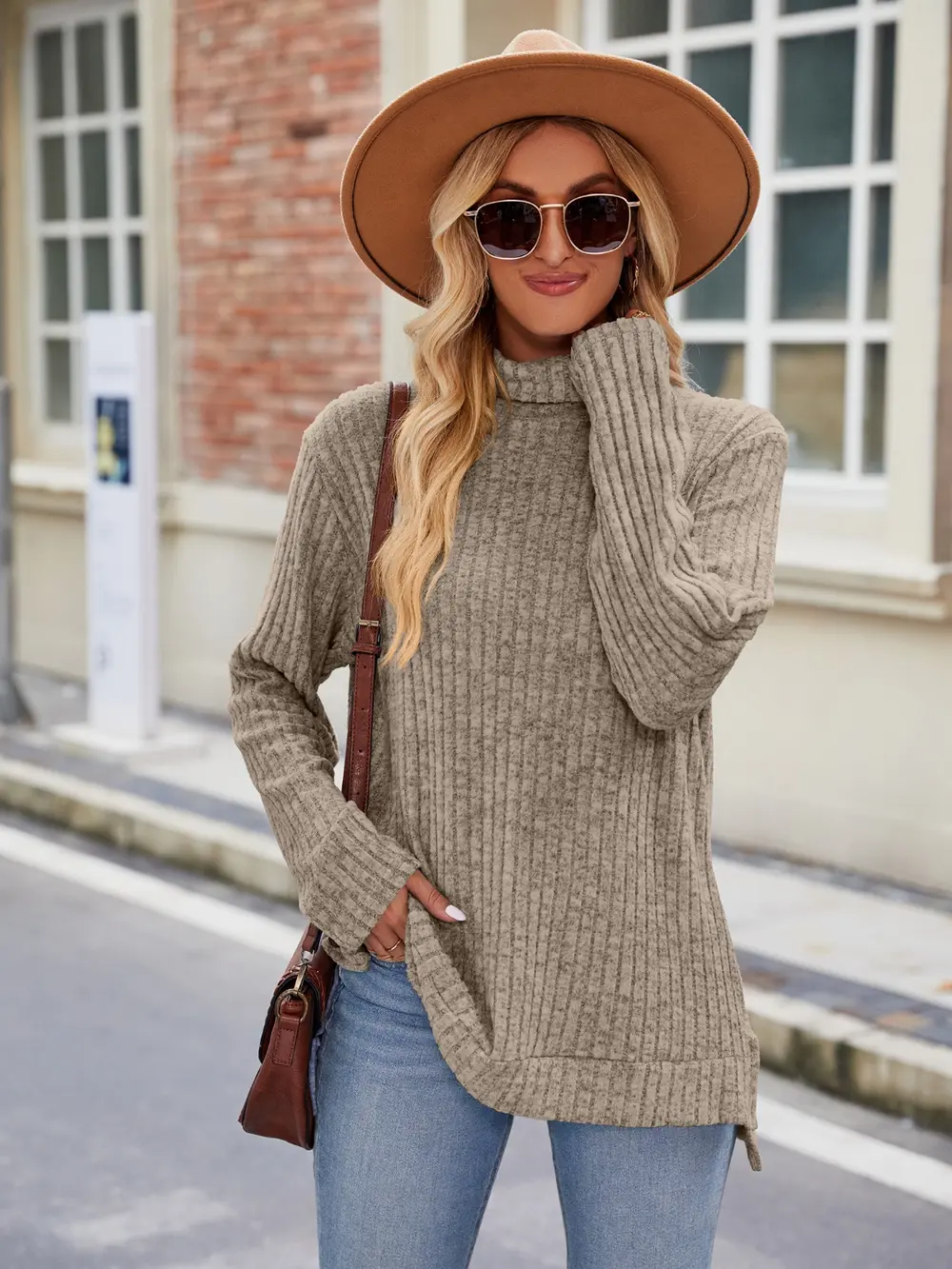 Ribbed Turtleneck Long Sleeve Slit Knit Top, image 17