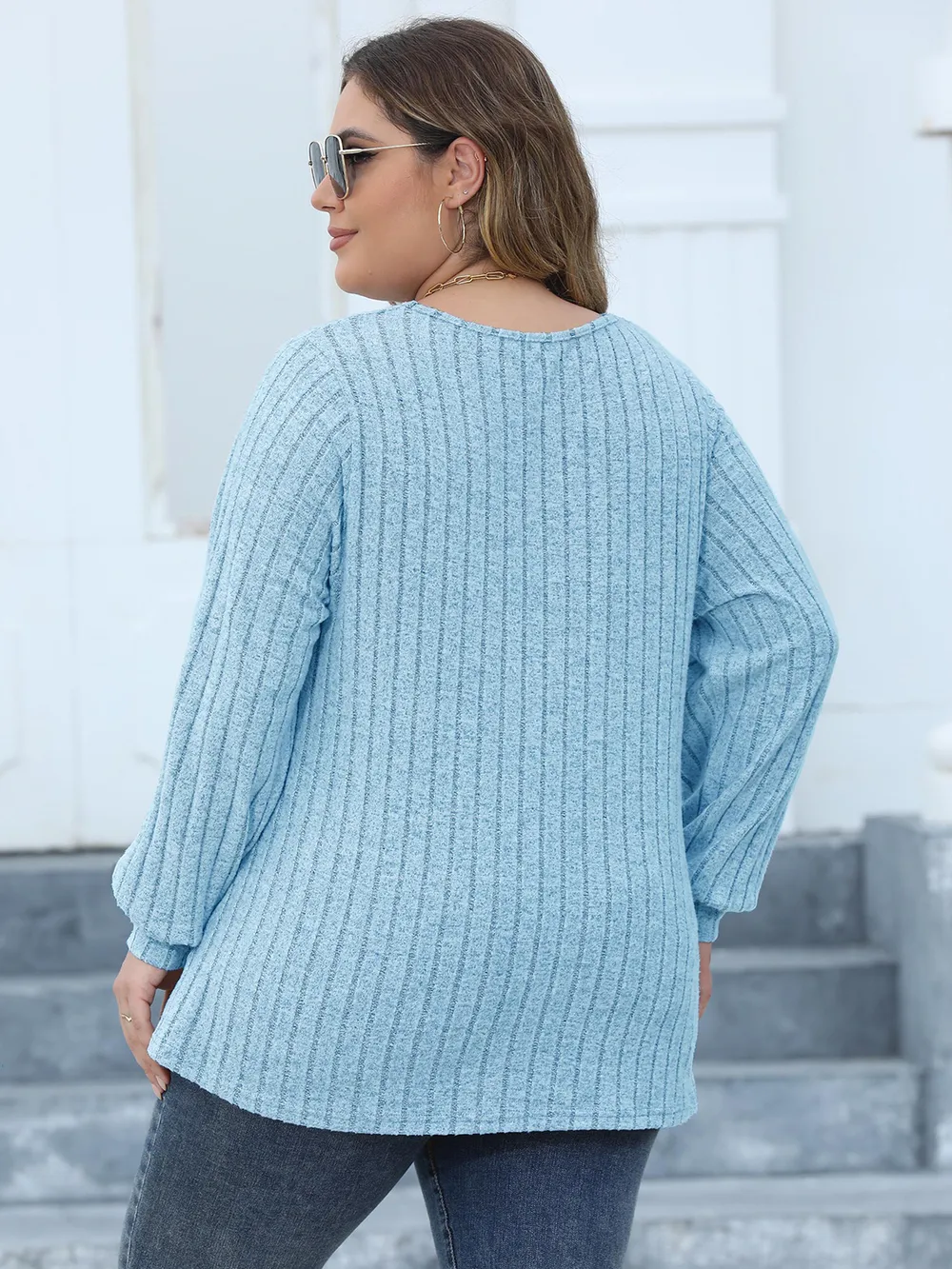 Plus Size Ribbed V-Neck Long Sleeve Top, image 3