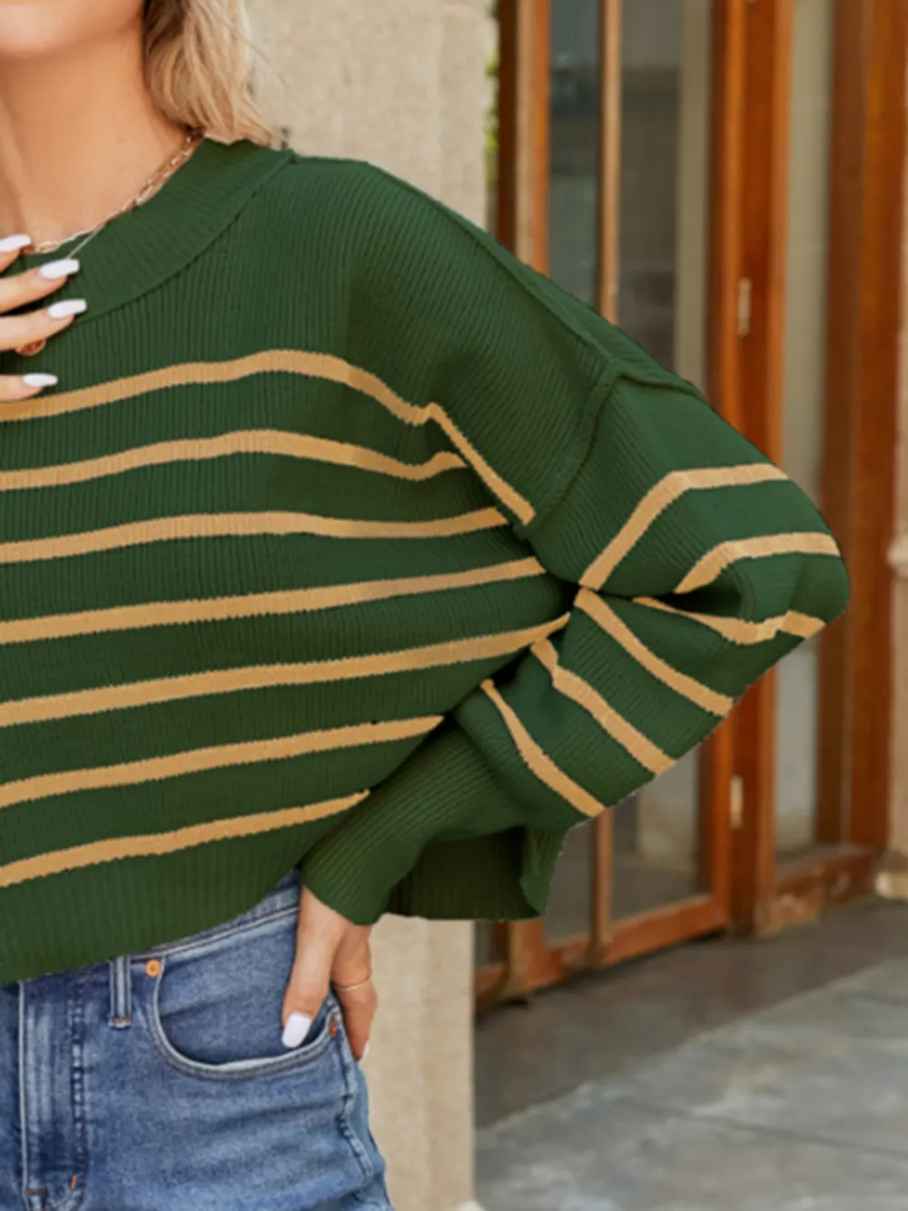 Round Neck Striped Lantern Sleeve Sweater, image 10