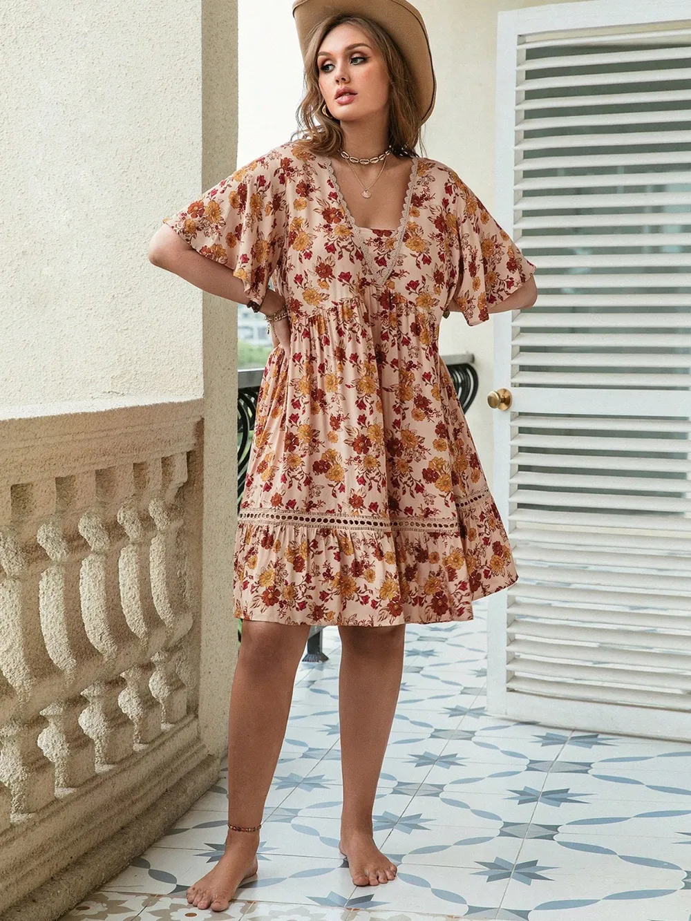 Plus Size Floral Crochet Flutter Sleeve Dress, image 2