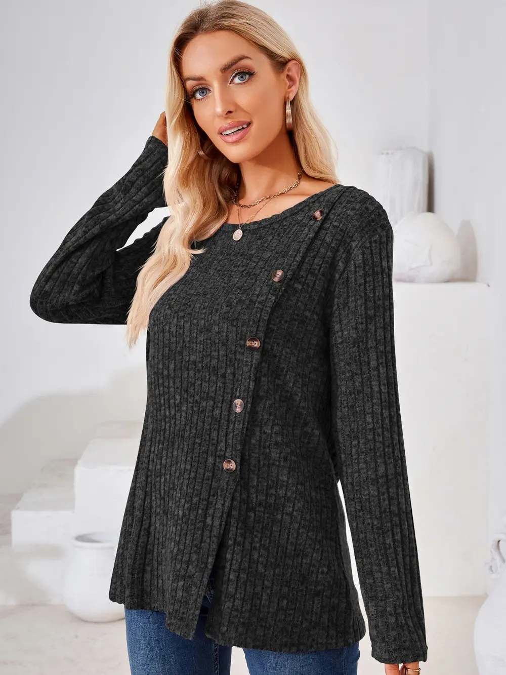 Ribbed Buttoned Round Neck Slit T-Shirt, image 10