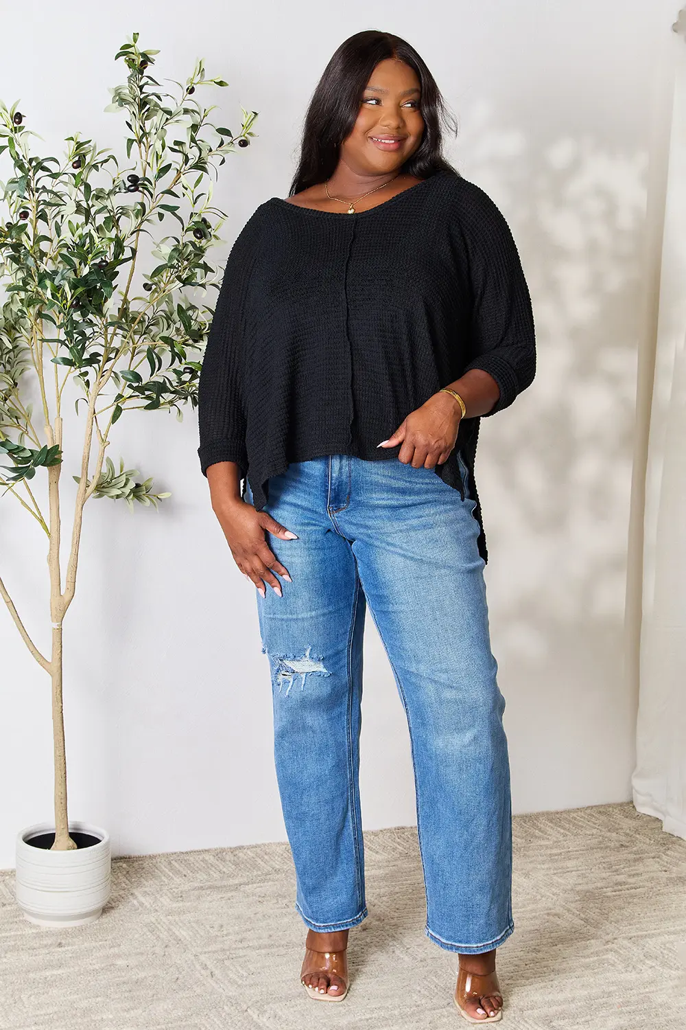 Full Size Round Neck High-Low Slit Knit Top, image 7