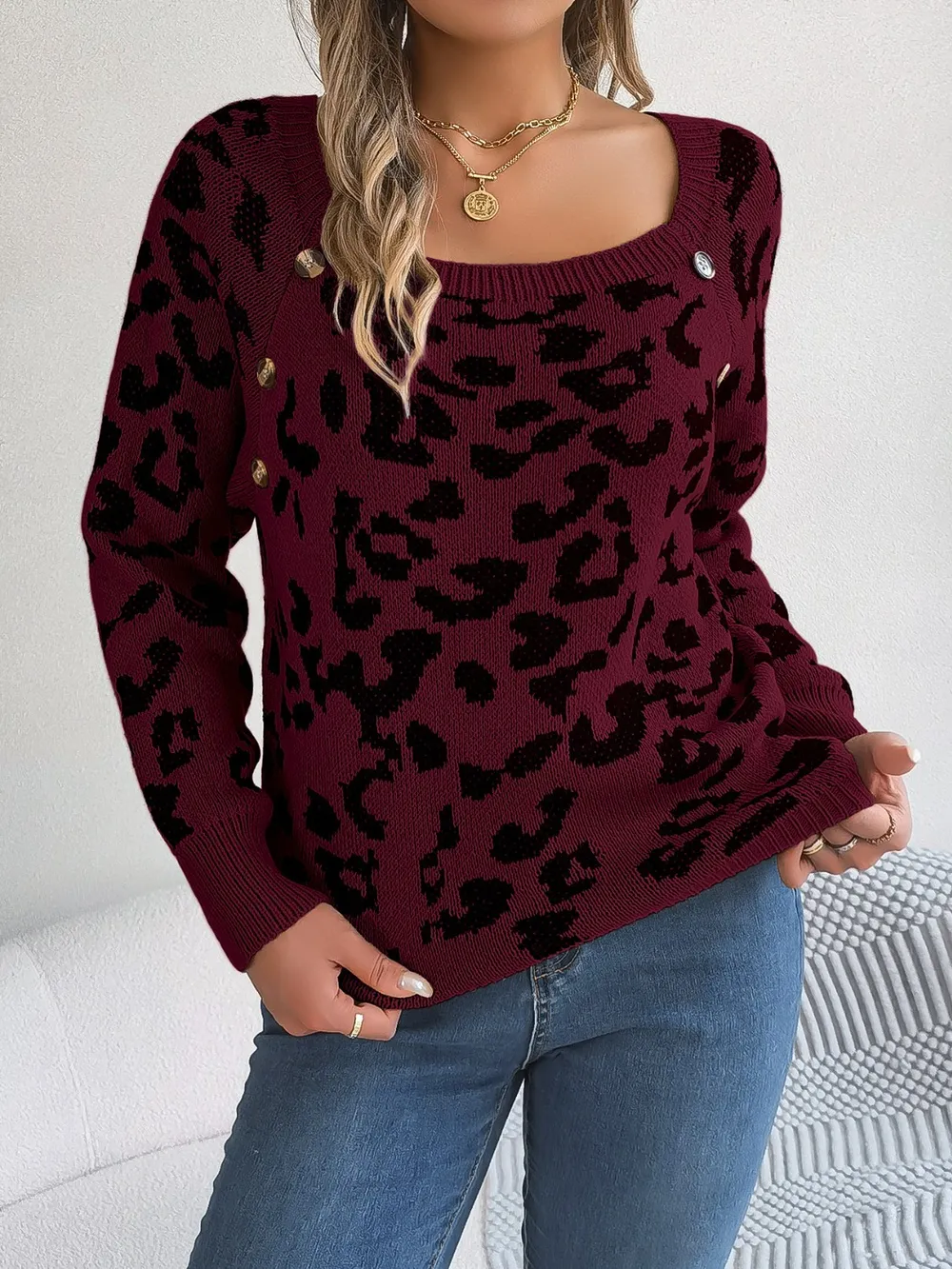 Leopard Buttoned Square Neck Sweater, image 9