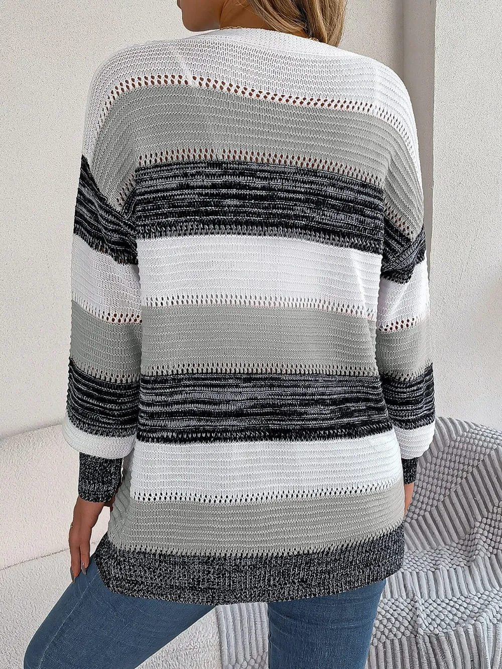 Openwork Striped Open Front Cardigan, image 12
