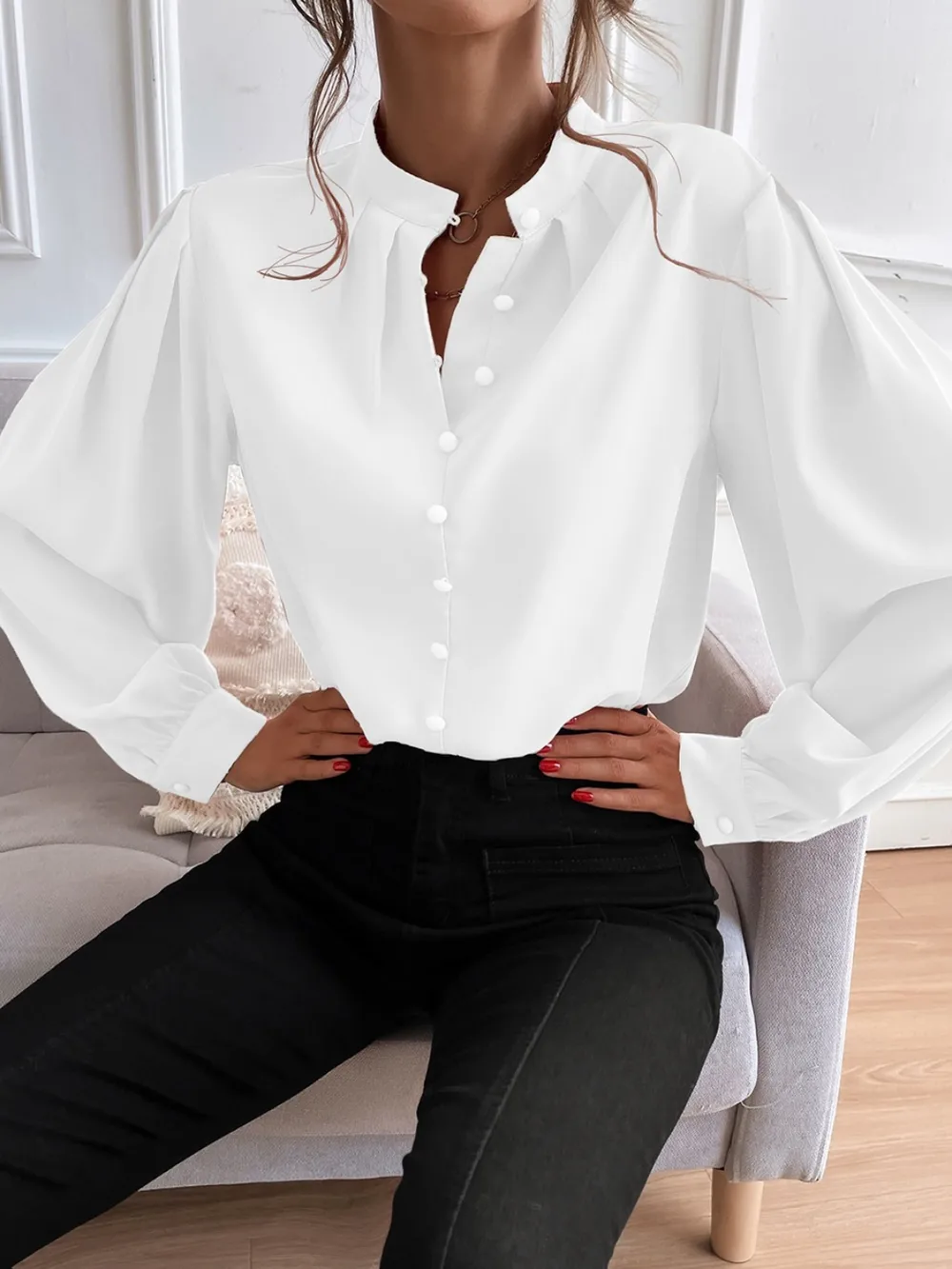 Mock Neck Button Front Shirt, image 6