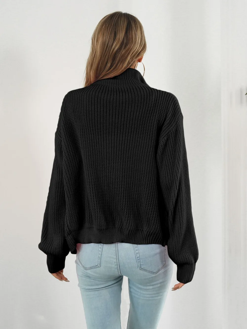 Turtleneck Zip Up Long Sleeve Knit Top, image 12