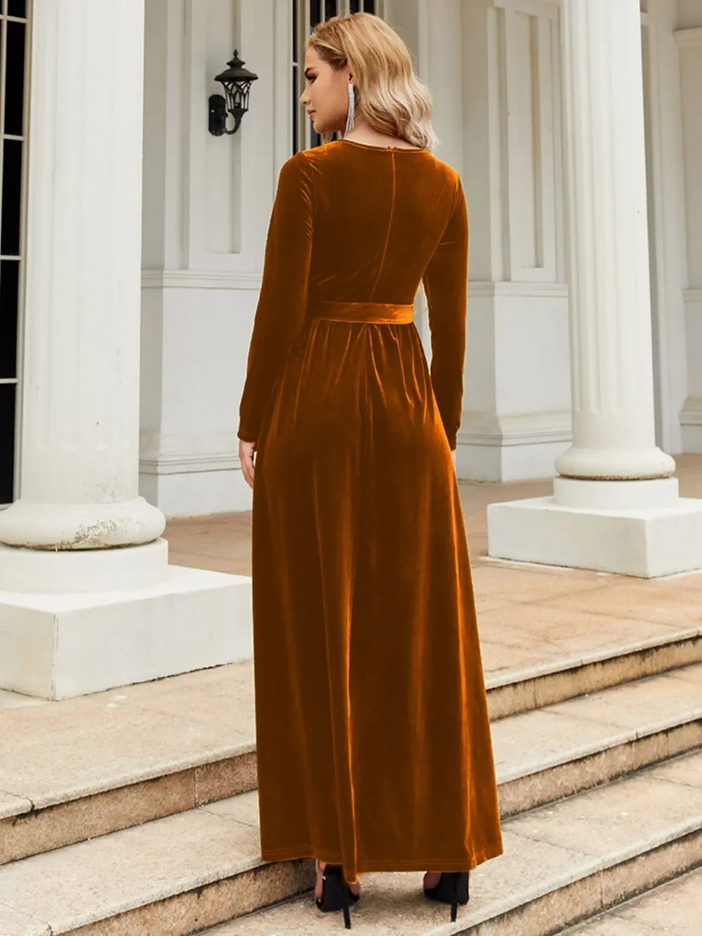 Tie Front Round Neck Long Sleeve Maxi Dress, image 12