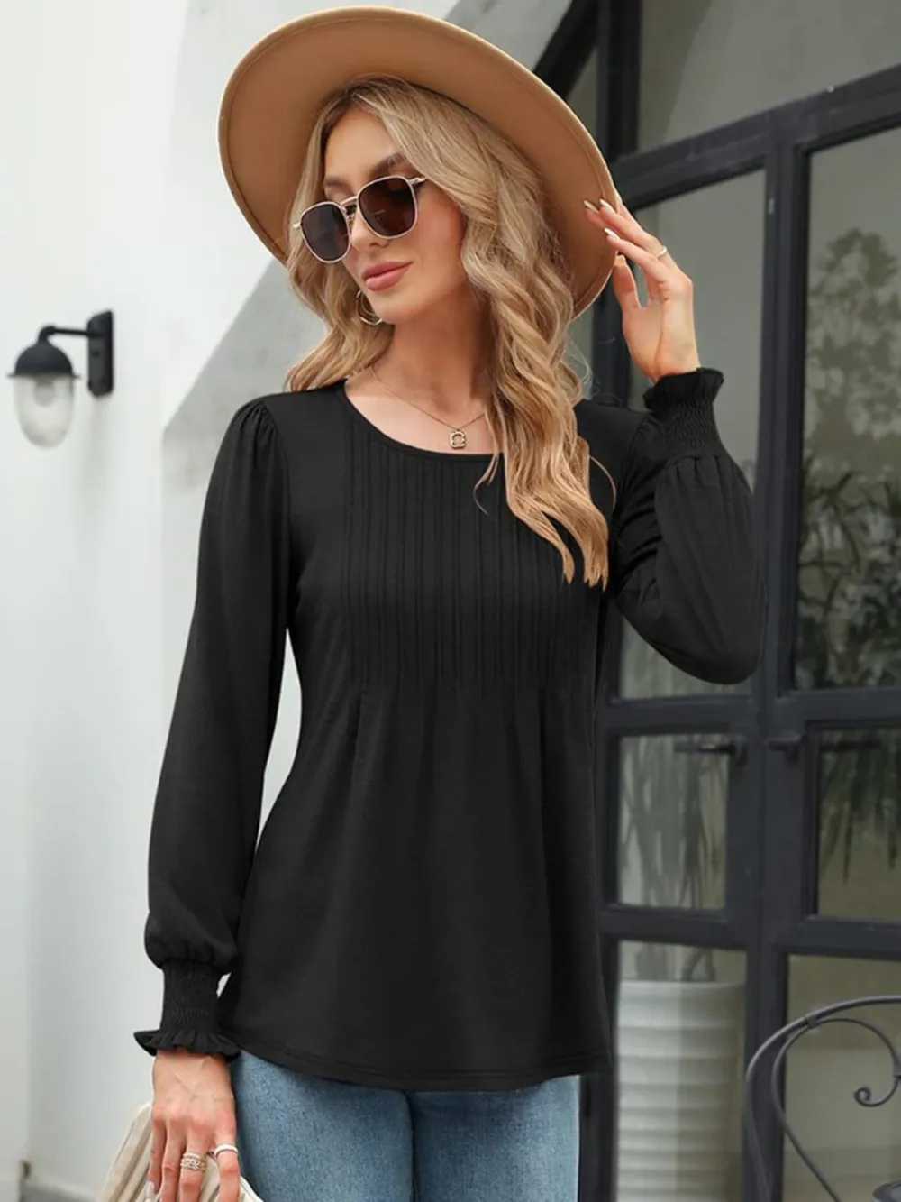 Smocked Round Neck Lantern Sleeve Blouse, image 5