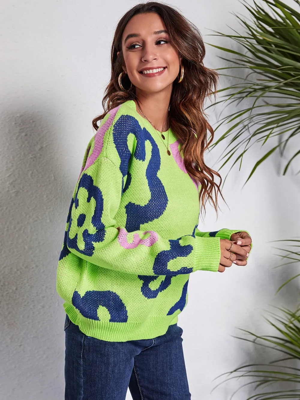 Flower Pattern Round Neck Long Sleeve Sweater, image 4