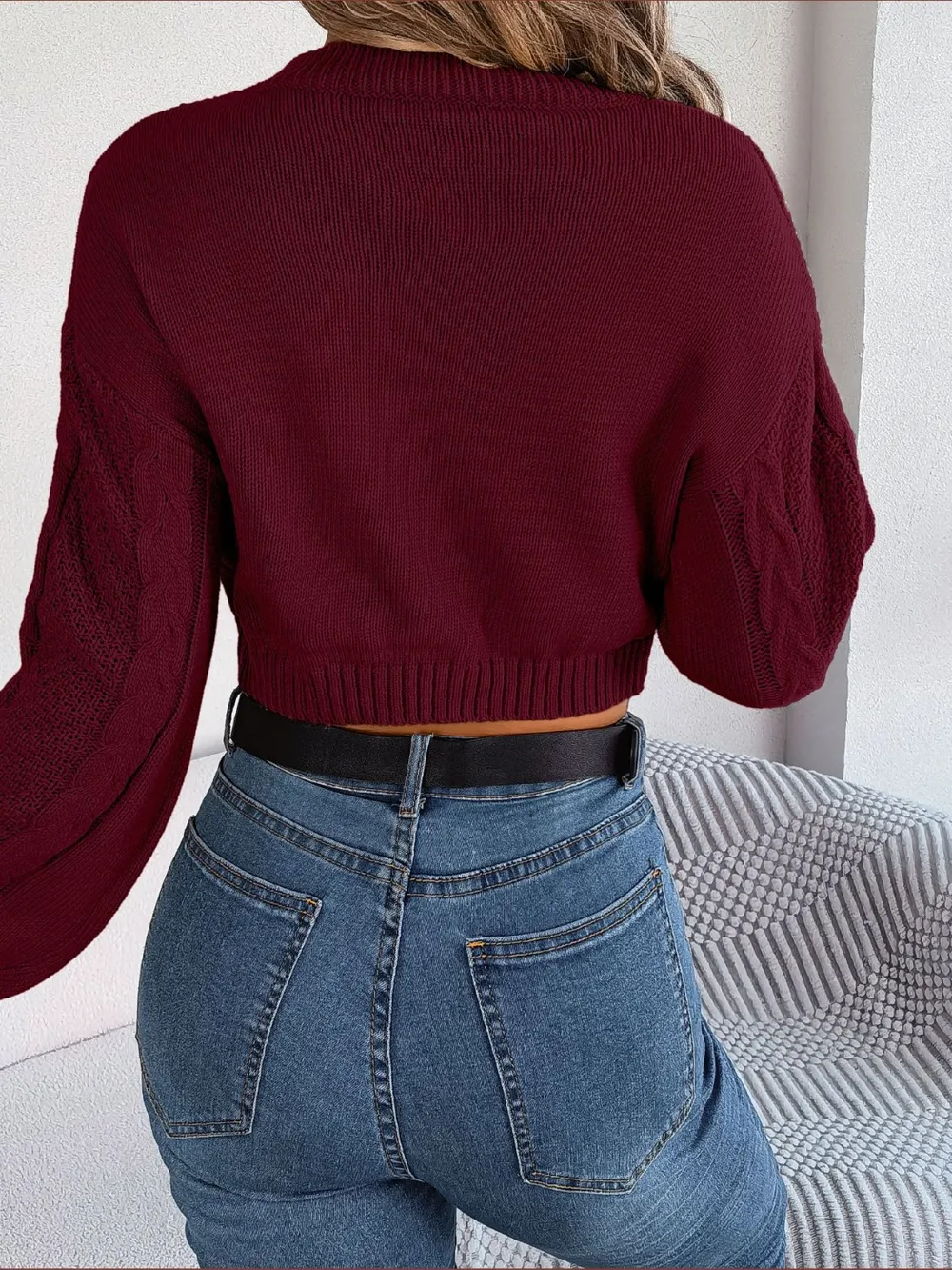 Cable-Knit Round Neck Cropped Sweater, image 9
