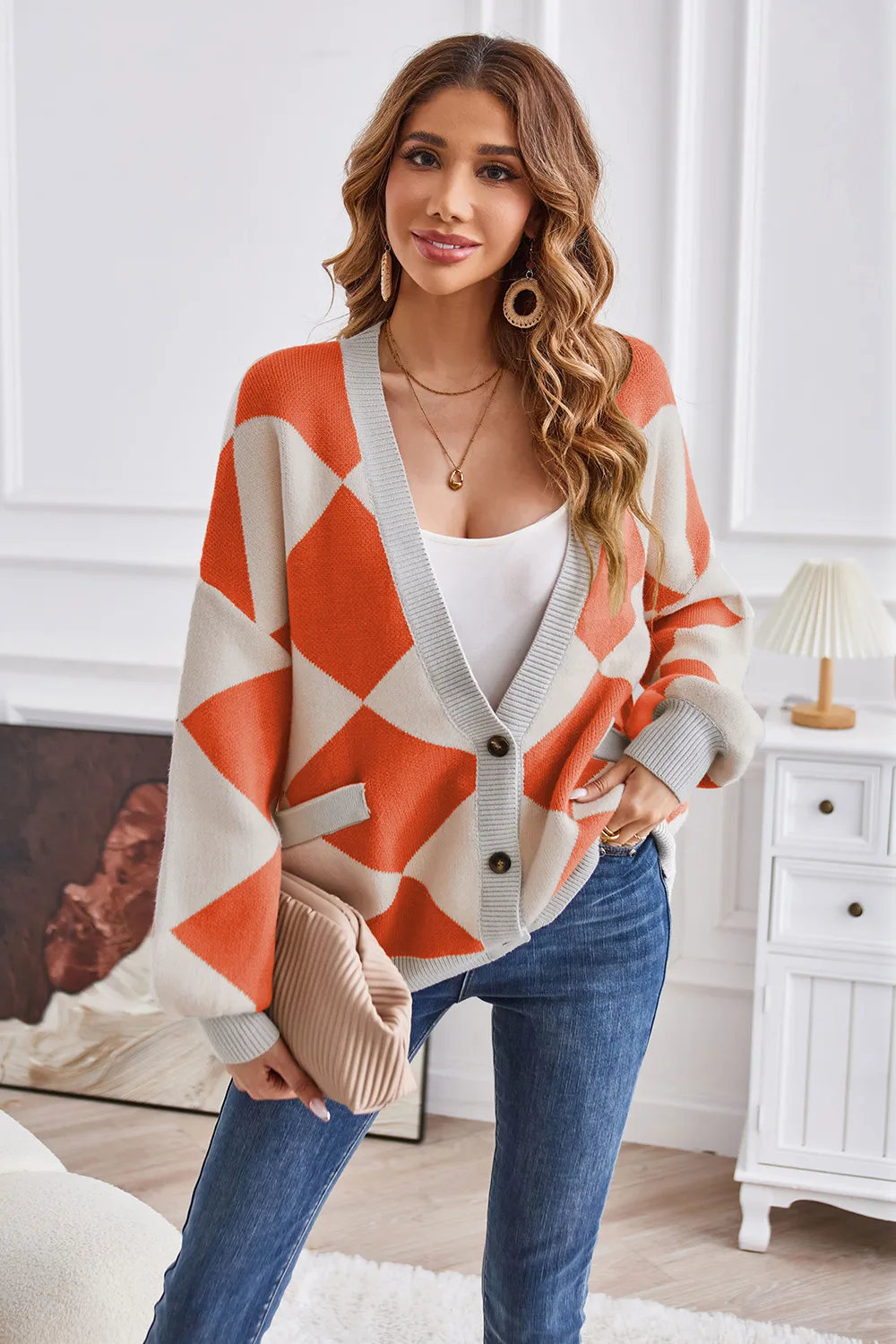 Geometric Lantern Sleeve Cardigan with Pockets, image 9