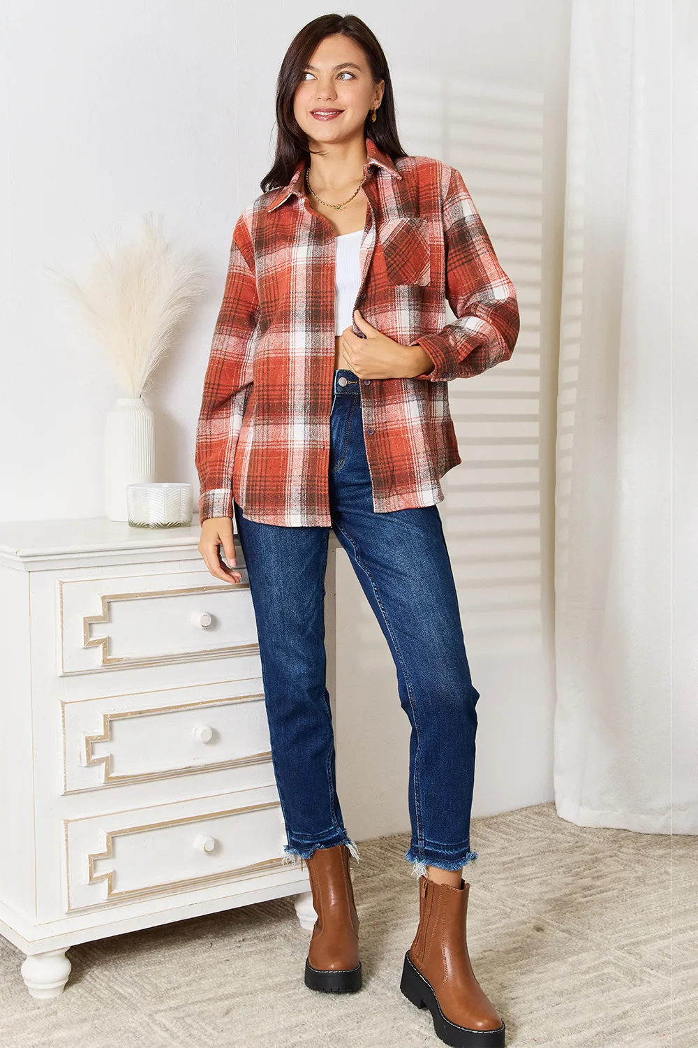 Plaid Collared Neck Long Sleeve Shirt, image 6