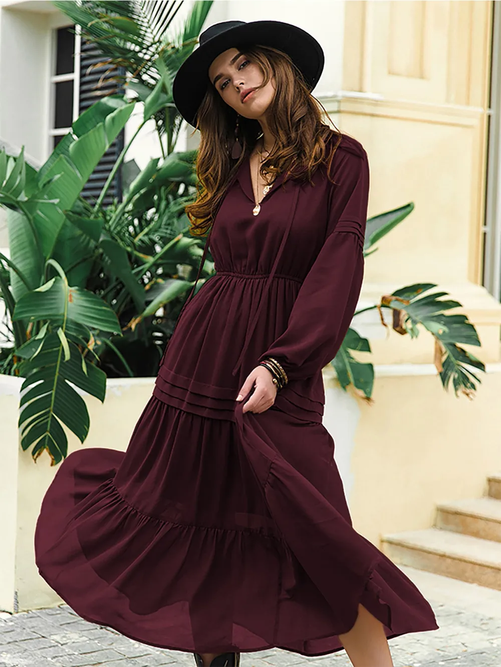 Tie Neck Long Sleeve Midi Tiered Dress, image 11