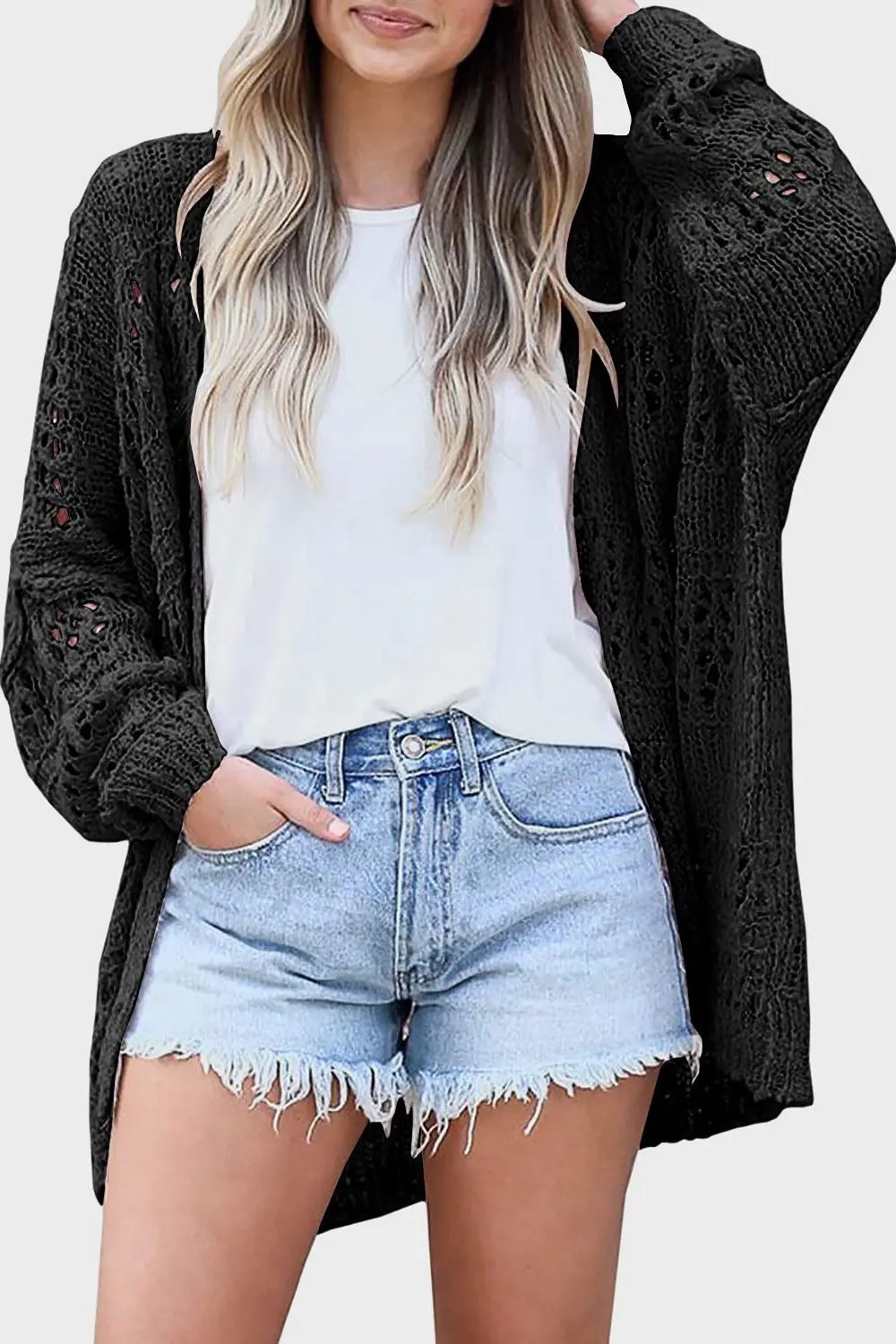 Openwork Open Front Long Sleeve Cardigan, image 8