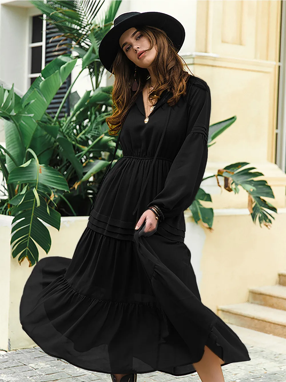 Tie Neck Long Sleeve Midi Tiered Dress, image 12