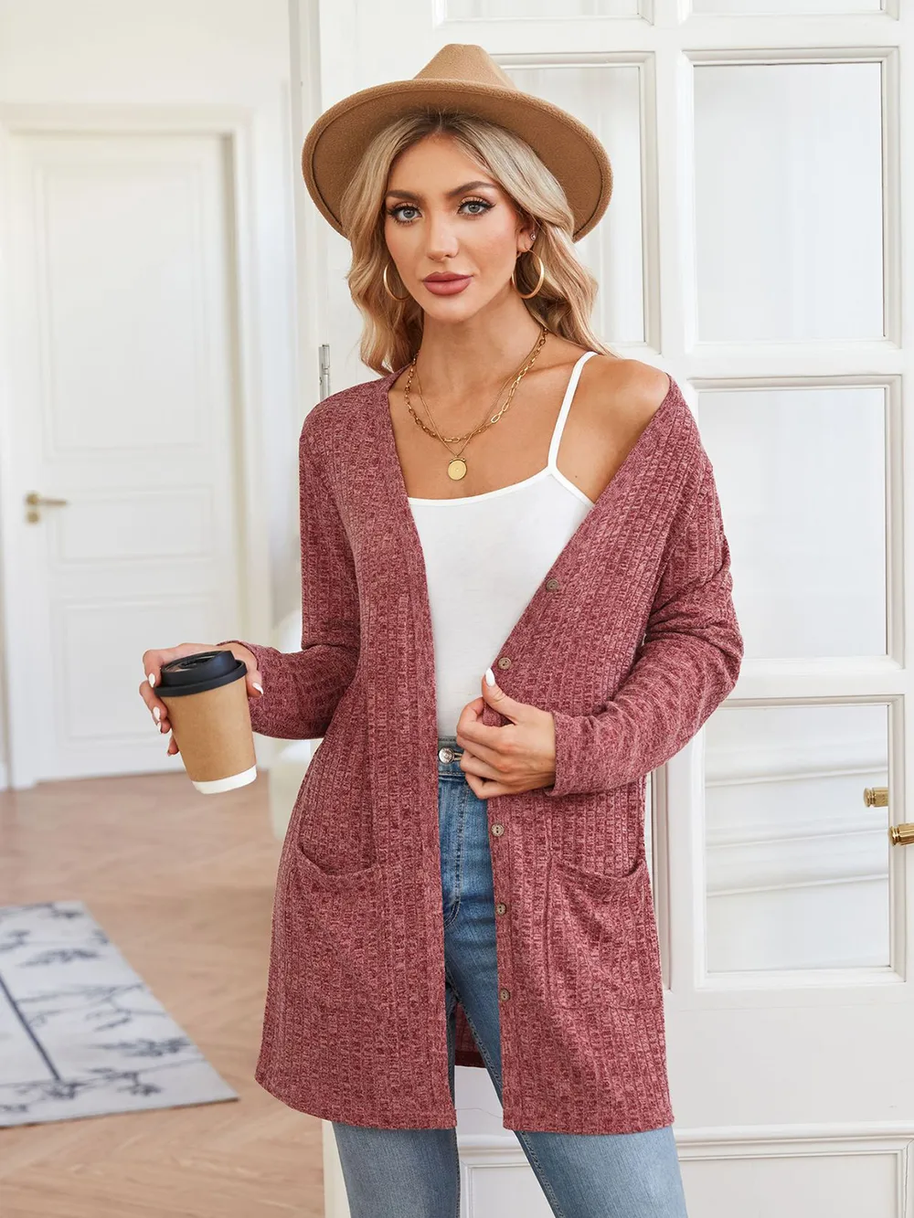 Ribbed Button Up Cardigan with Pockets, image 2