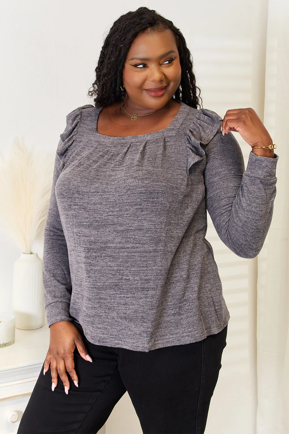 Square Neck Ruffle Shoulder Long Sleeve T-Shirt, image 11