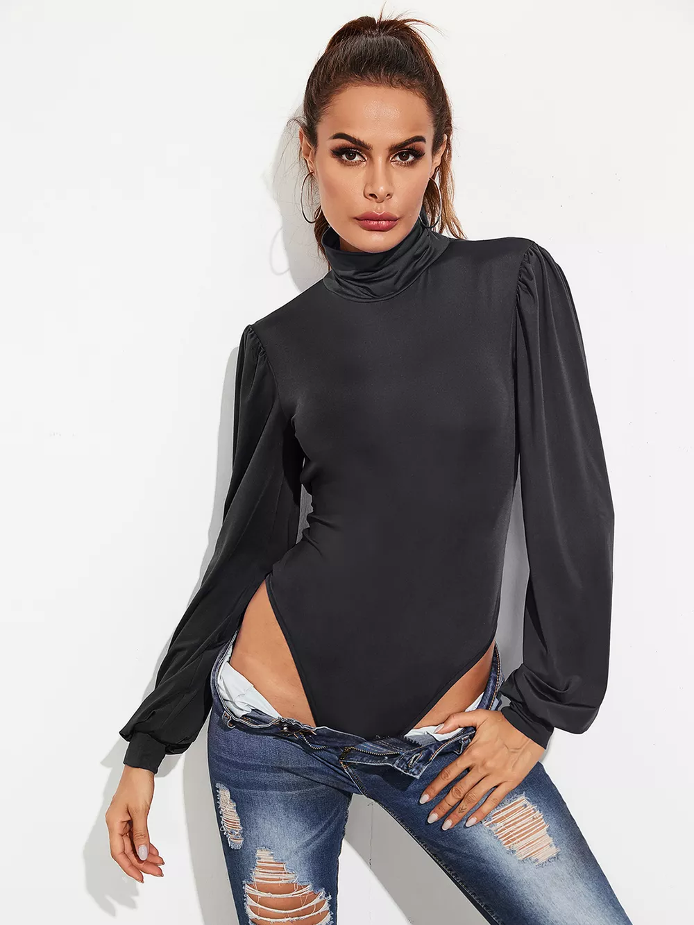 Backless Tie-Waist Turtleneck Lantern Sleeve Bodysuit, image 3