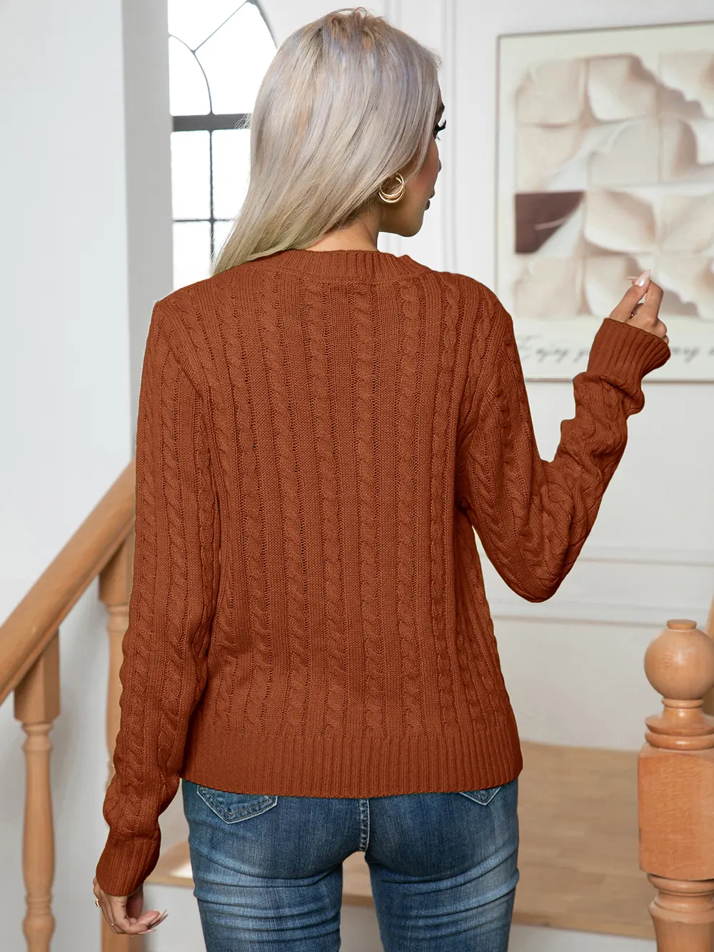 Cable-Knit Round Neck Long Sleeve Sweater, image 3