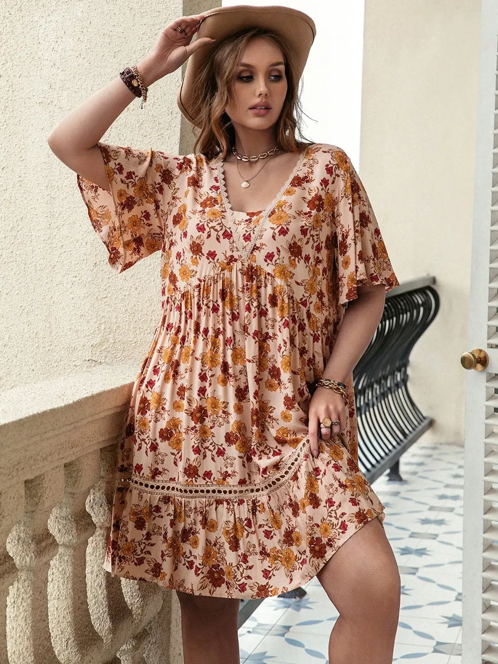 Plus Size Floral Crochet Flutter Sleeve Dress, image 4