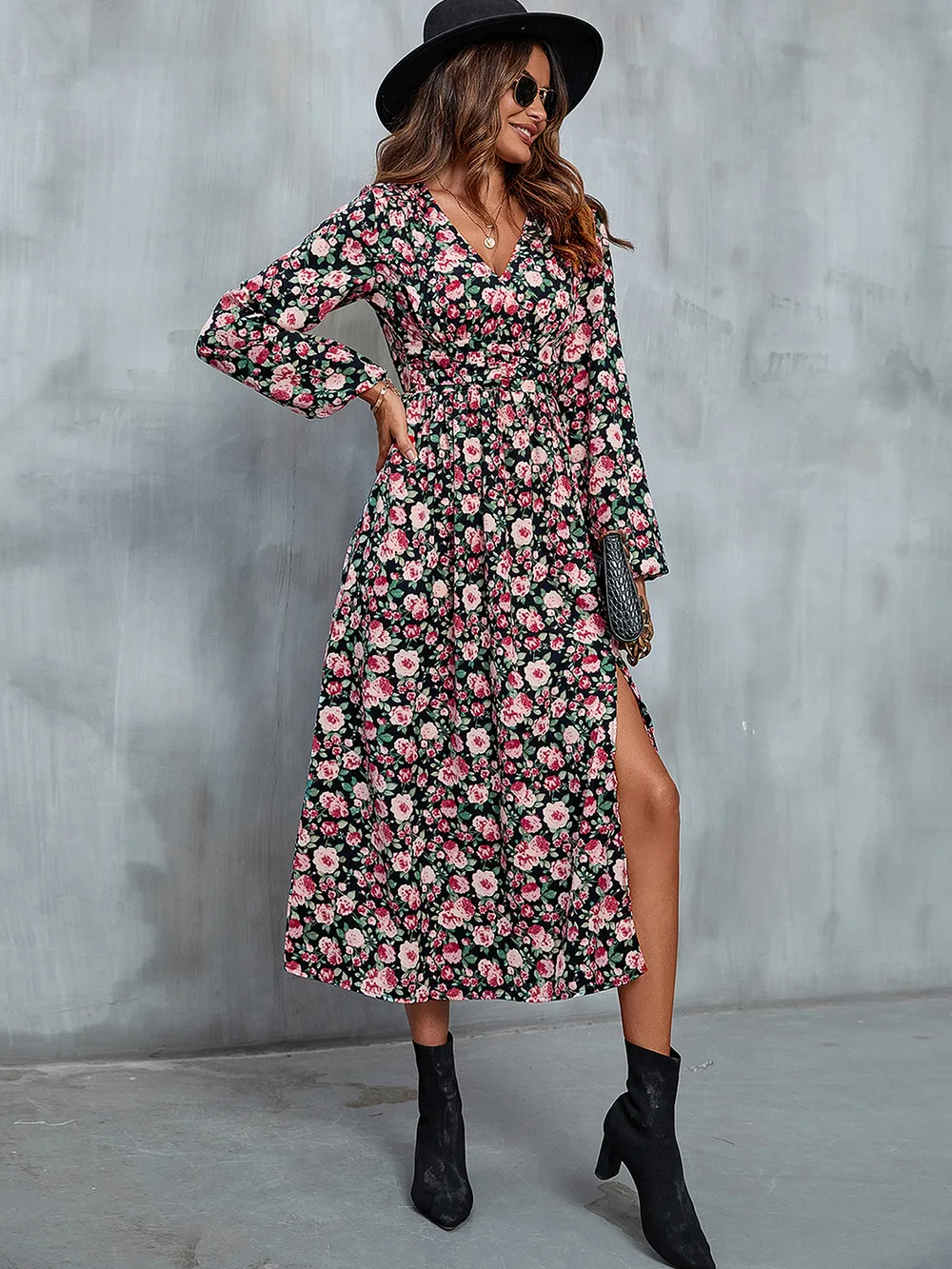 Floral V-Neck Slit Midi Dress, image 3