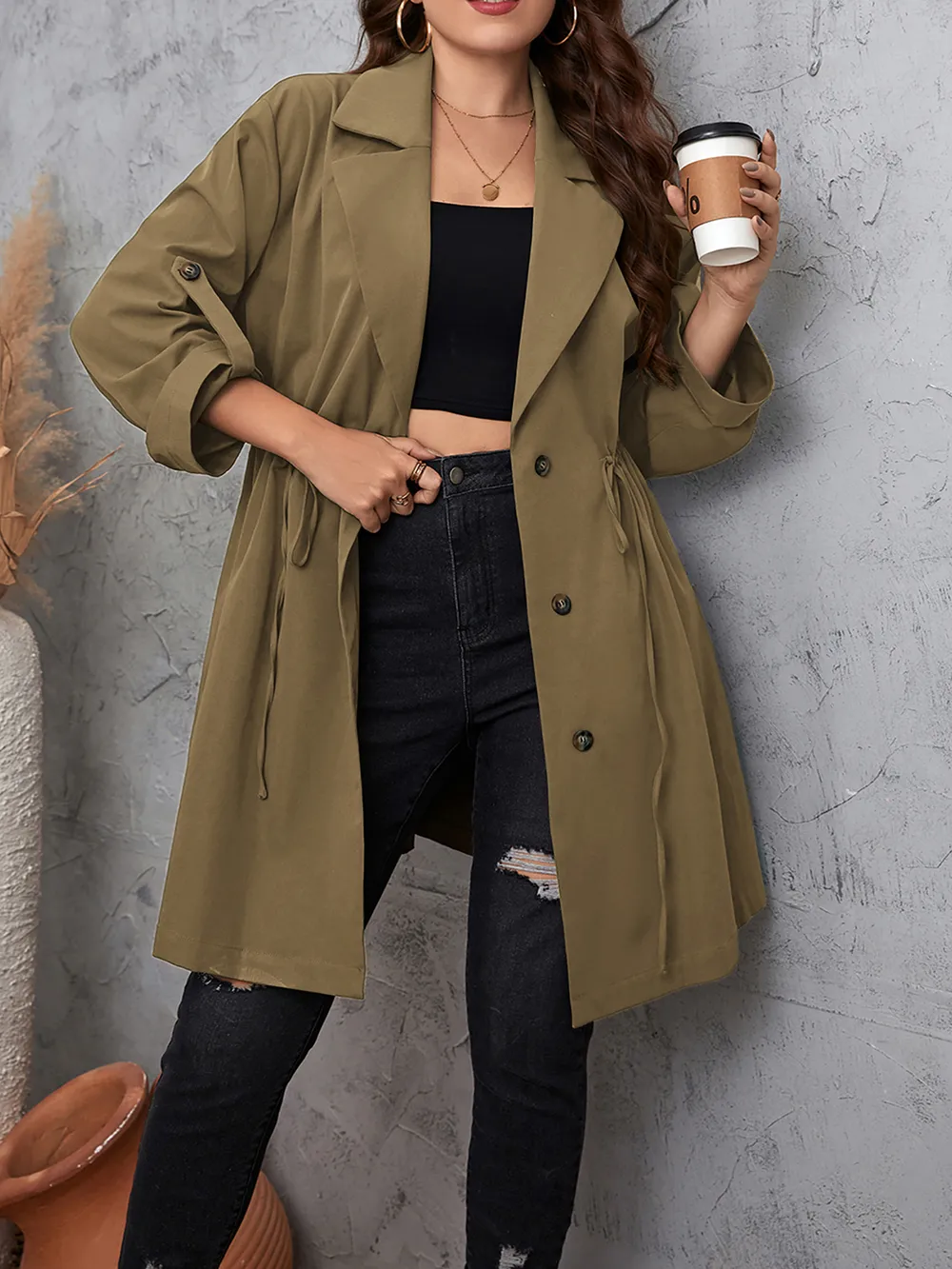 Plus Size Lapel Collar Drawstring Roll-Tab Sleeve Trench Coat, image 9