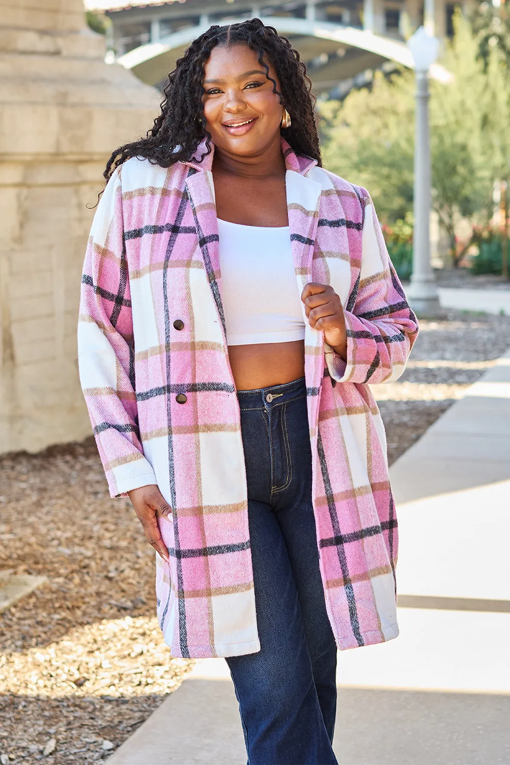 Full Size Plaid Button Up Lapel Collar Coat, image 15