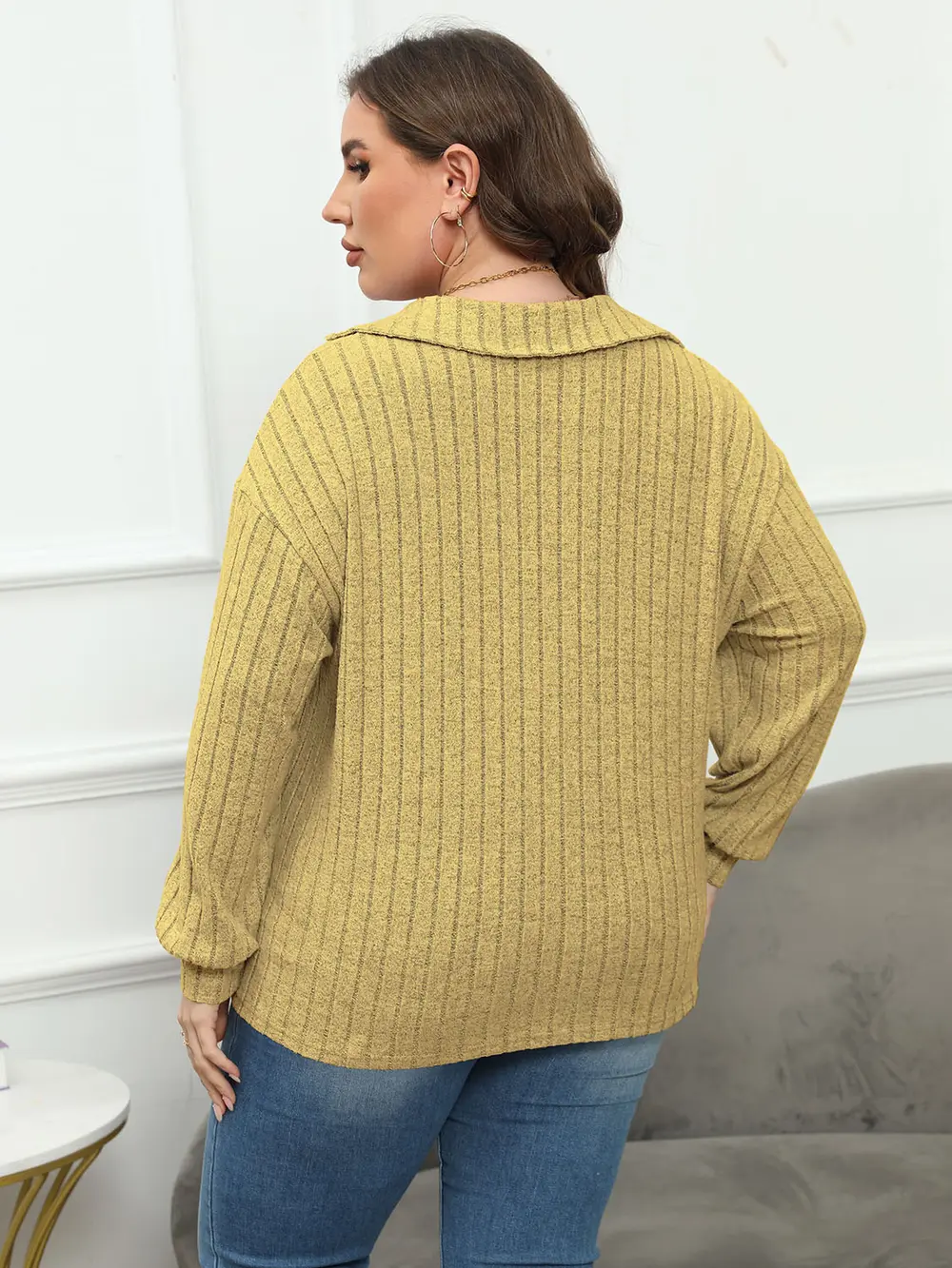 Plus Size Ribbed Collared Neck Long Sleeve Blouse, image 8